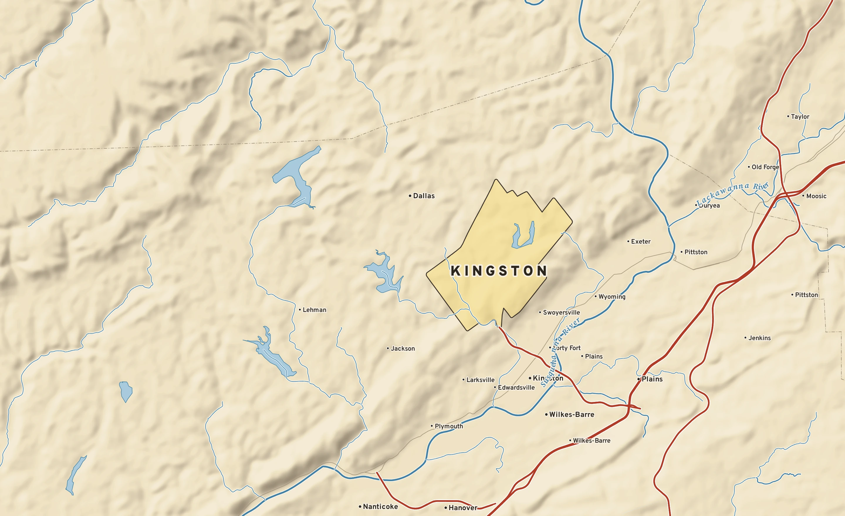 Shaded-relief atlas plate of Kingston, Pennsylvania: rivers, roads, the city limits and where the water drains.