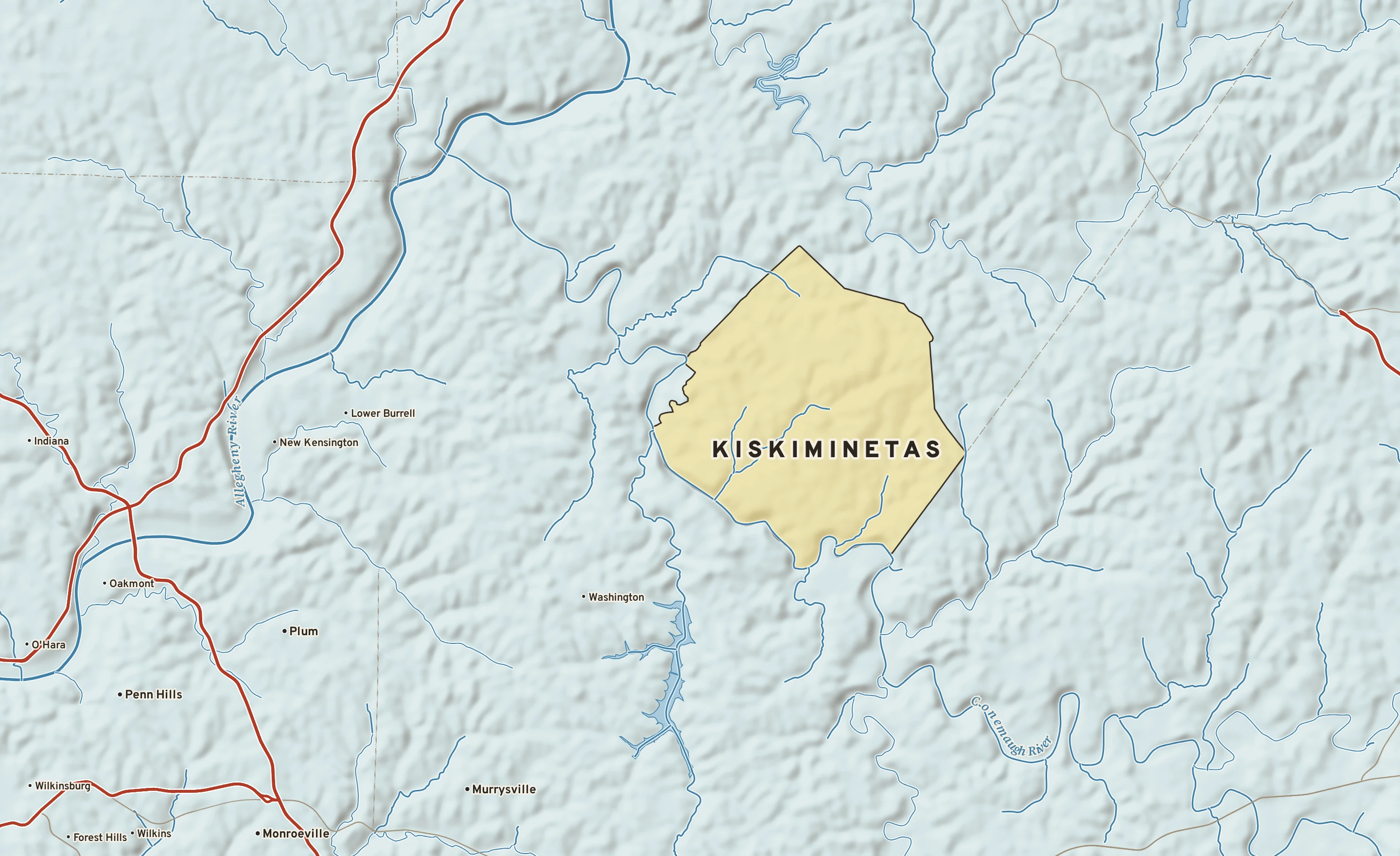 Shaded-relief atlas plate of Kiskiminetas, Pennsylvania: rivers, roads, the city limits and where the water drains.