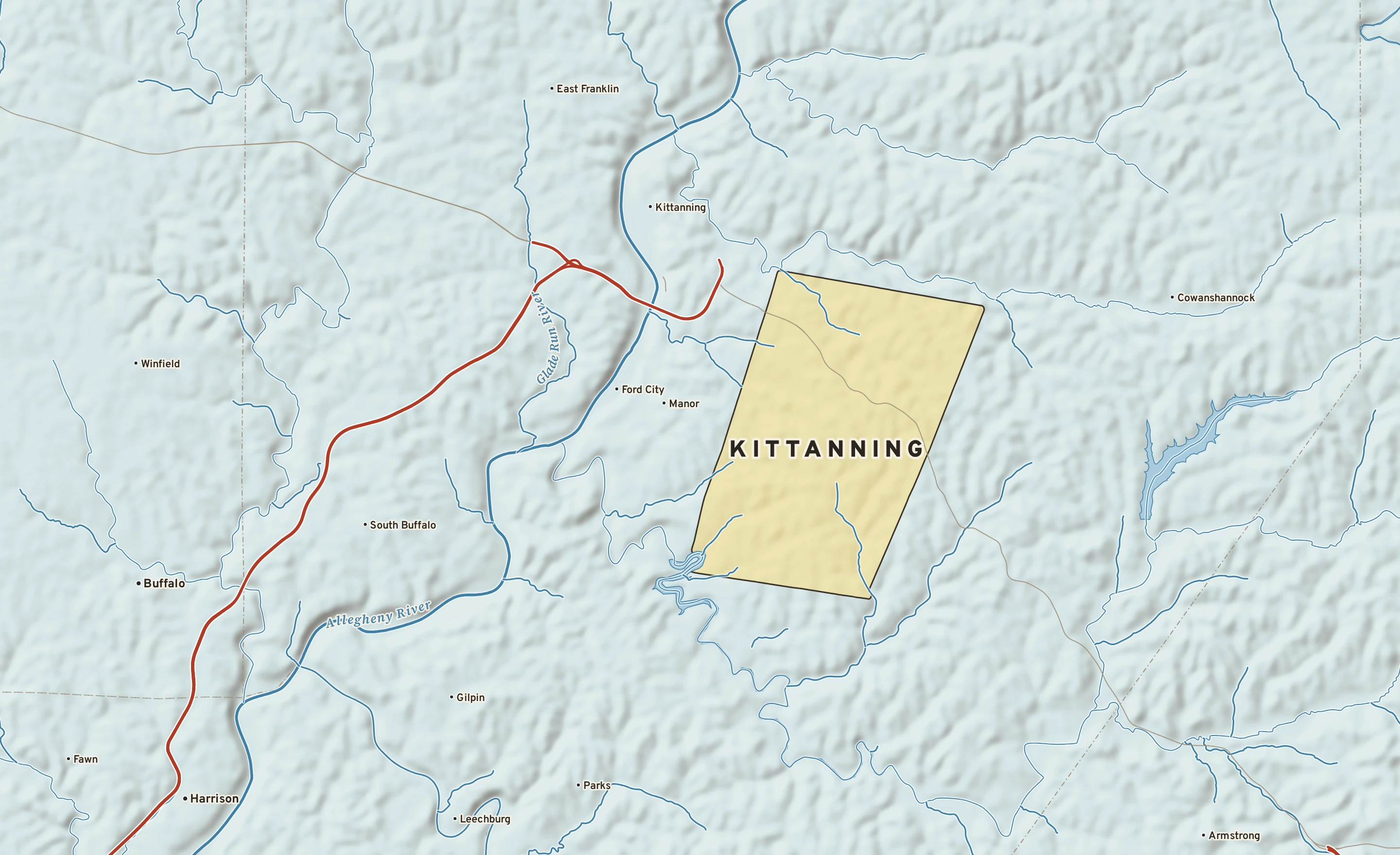 Shaded-relief atlas plate of Kittanning, Pennsylvania: rivers, roads, the city limits and where the water drains.