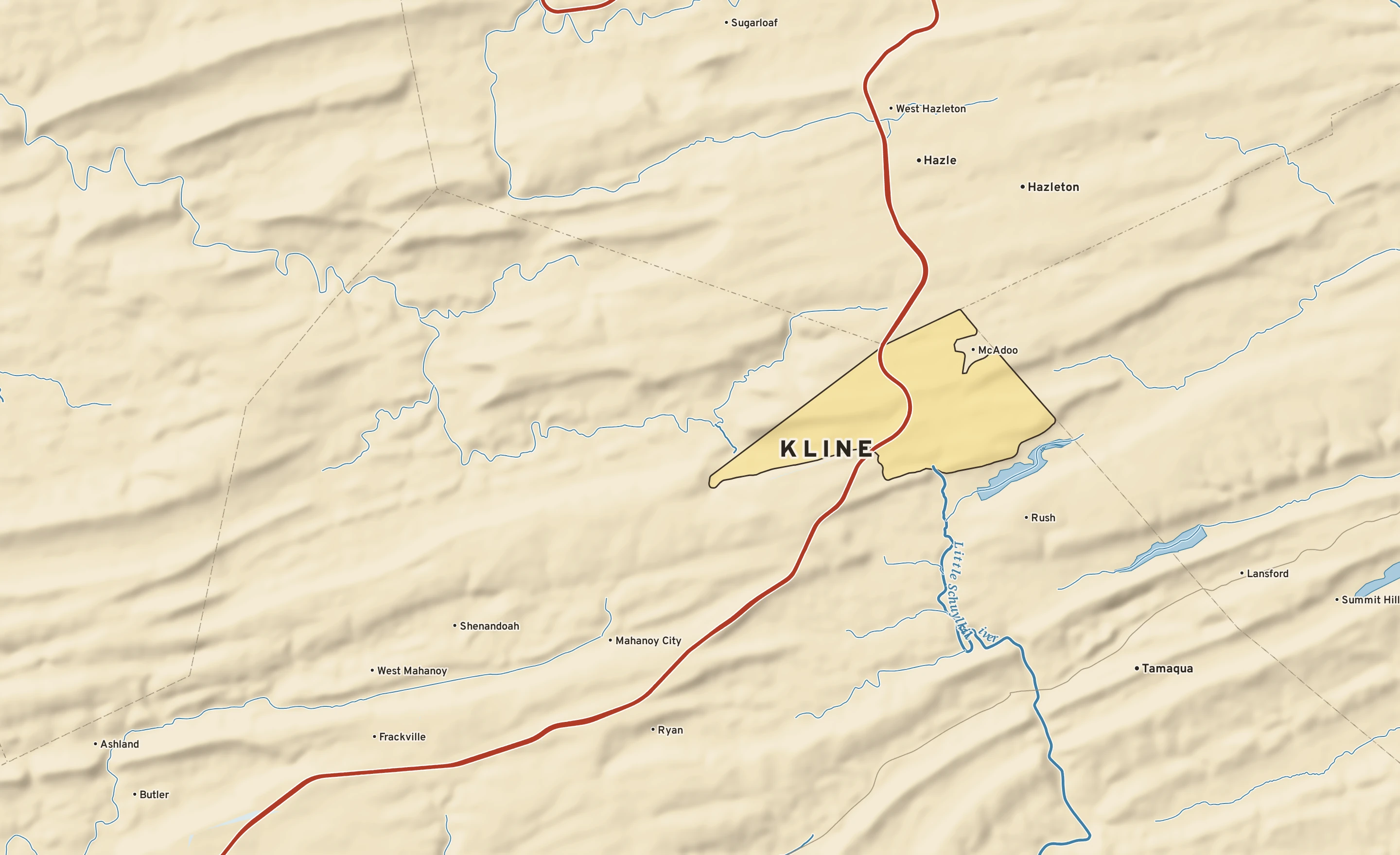 Shaded-relief atlas plate of Kline, Pennsylvania: rivers, roads, the city limits and where the water drains.
