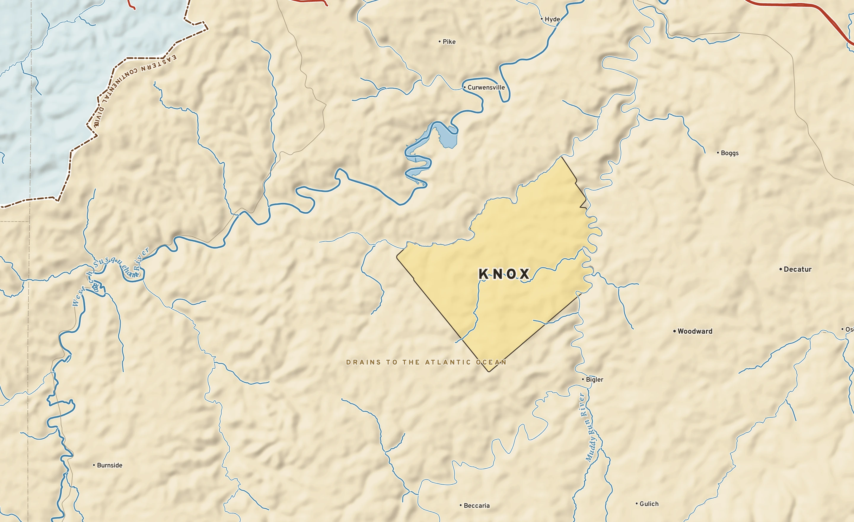 Shaded-relief atlas plate of Knox, Pennsylvania: rivers, roads, the city limits and where the water drains.