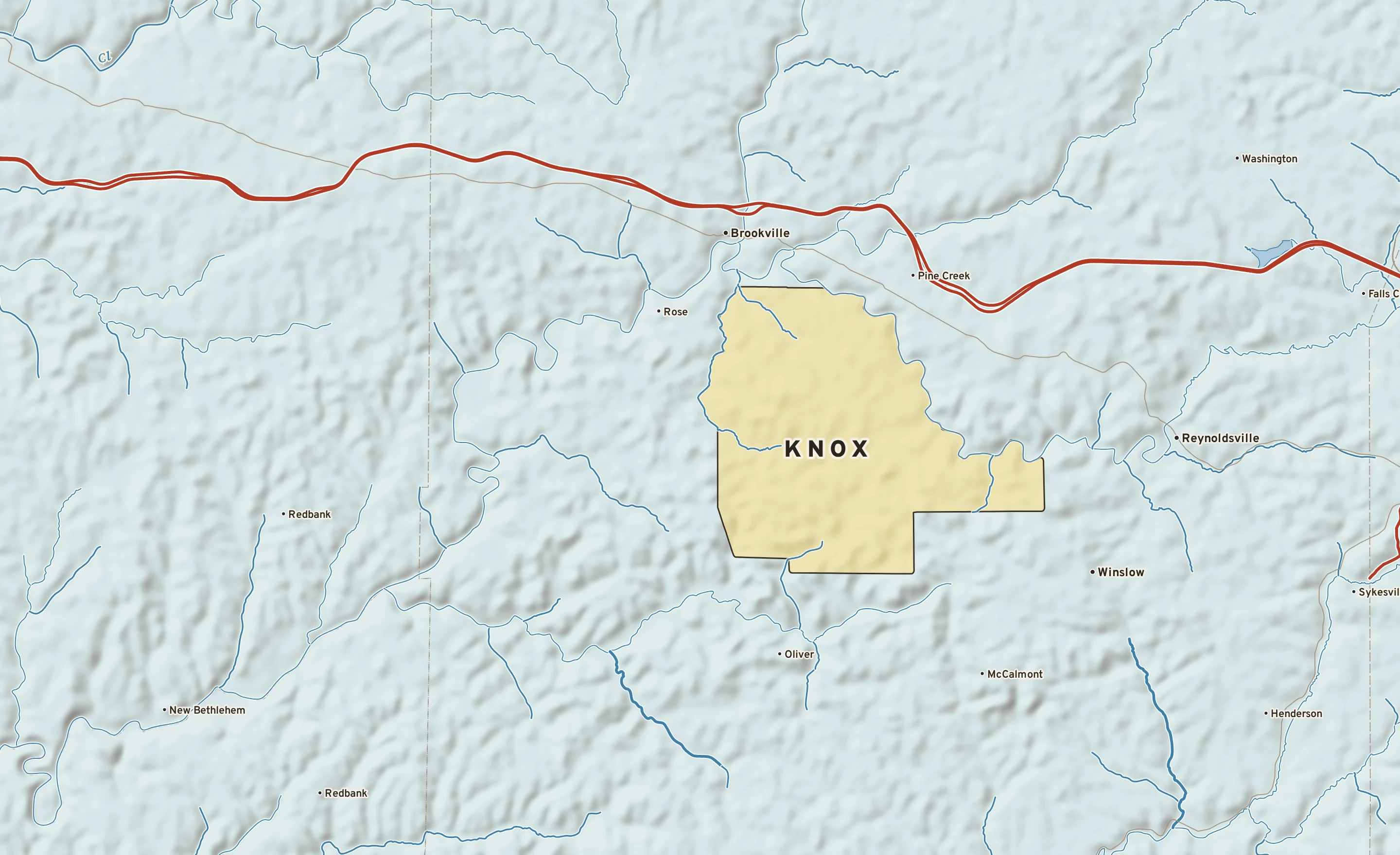 Shaded-relief atlas plate of Knox, Pennsylvania: rivers, roads, the city limits and where the water drains.