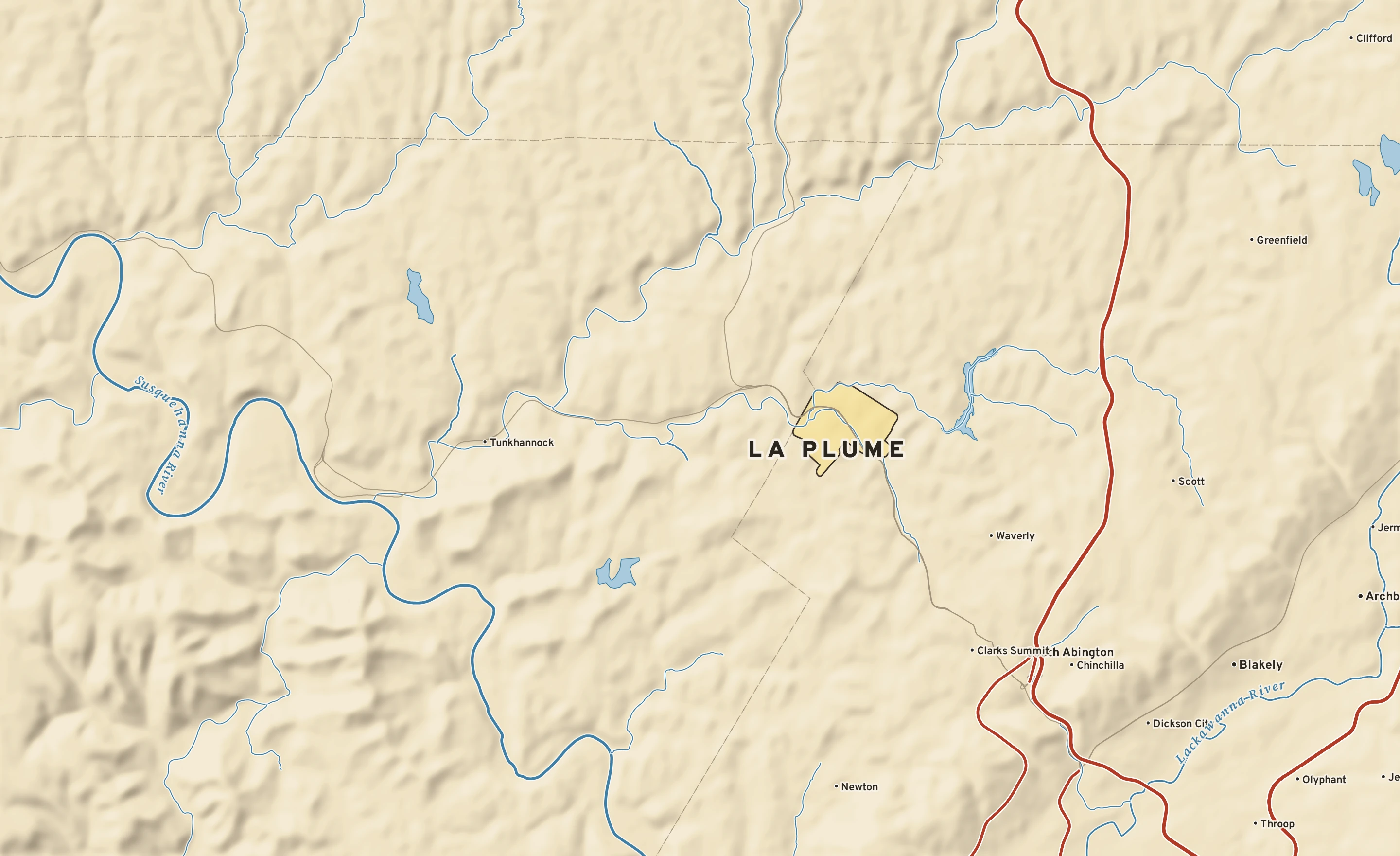 Shaded-relief atlas plate of La Plume, Pennsylvania: rivers, roads, the city limits and where the water drains.