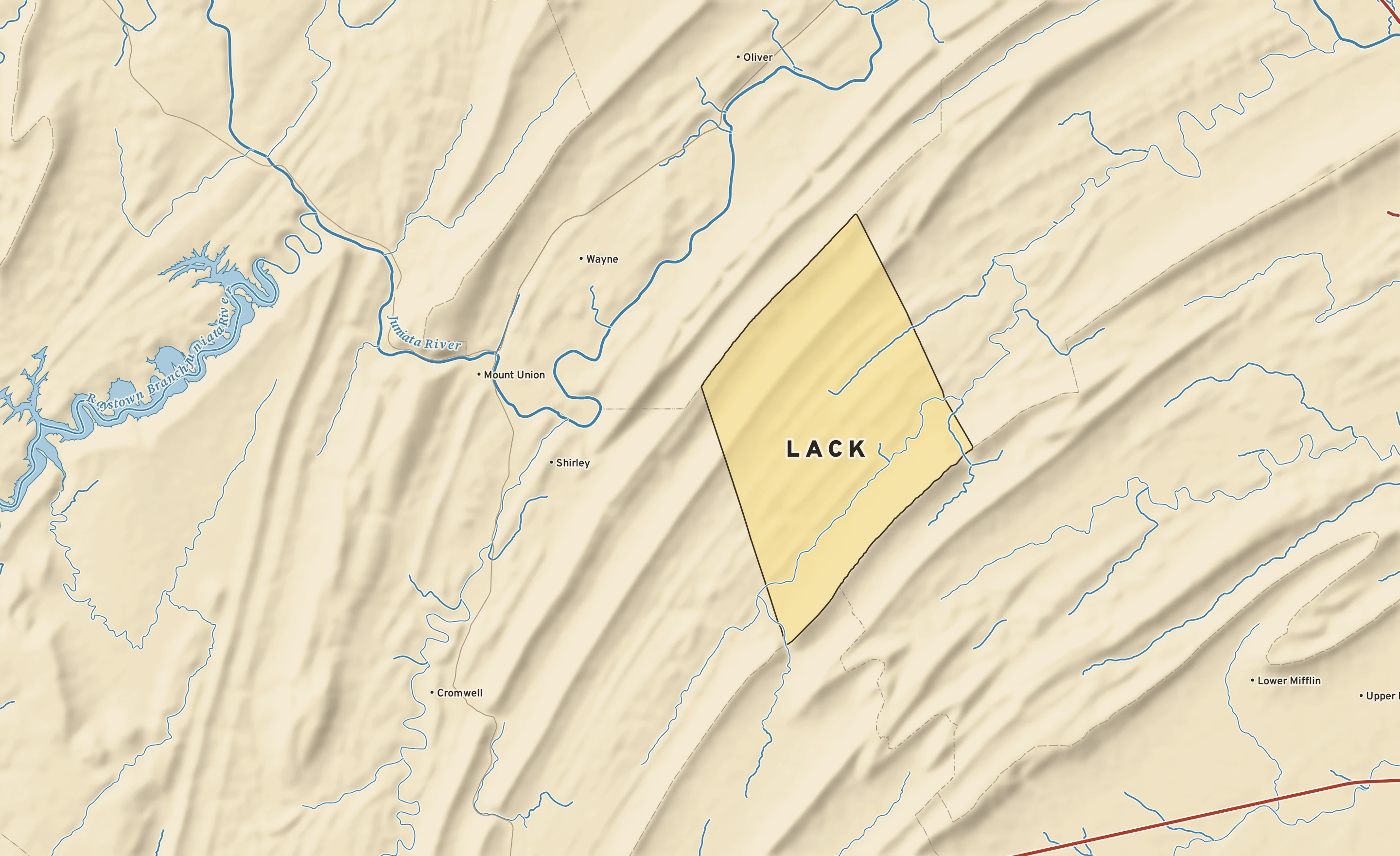 Shaded-relief atlas plate of Lack, Pennsylvania: rivers, roads, the city limits and where the water drains.