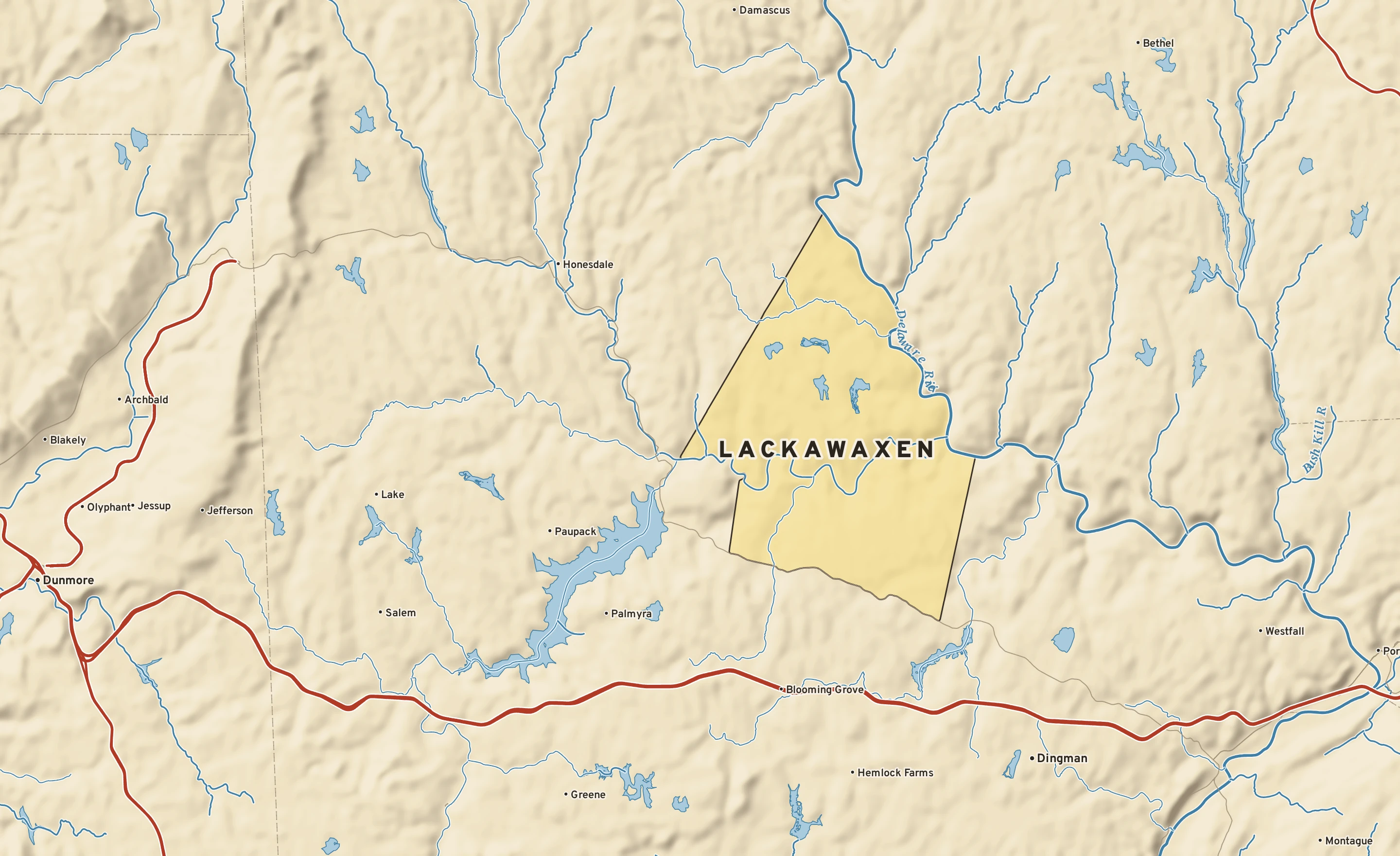Shaded-relief atlas plate of Lackawaxen, Pennsylvania: rivers, roads, the city limits and where the water drains.