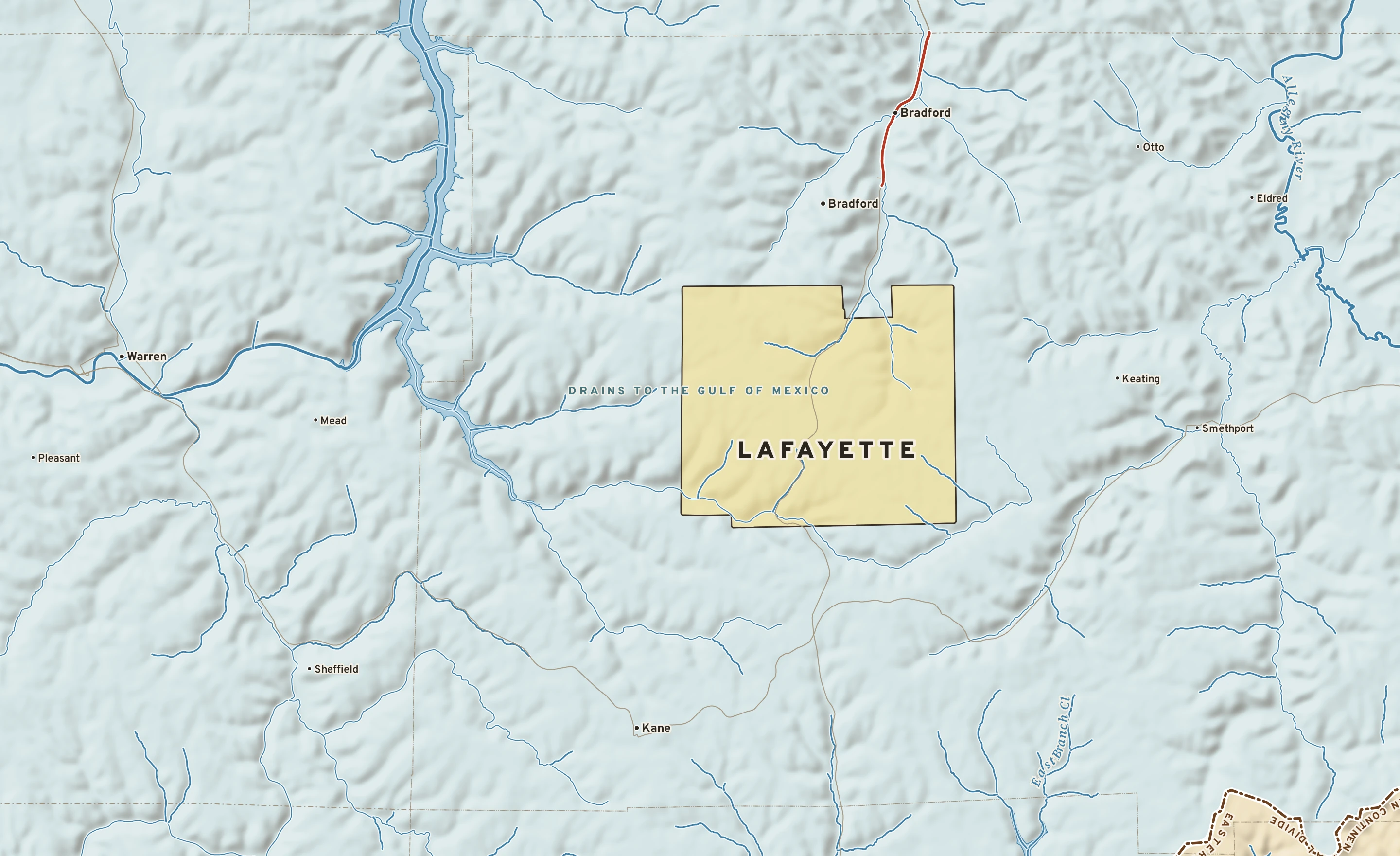 Shaded-relief atlas plate of Lafayette, Pennsylvania: rivers, roads, the city limits and where the water drains.