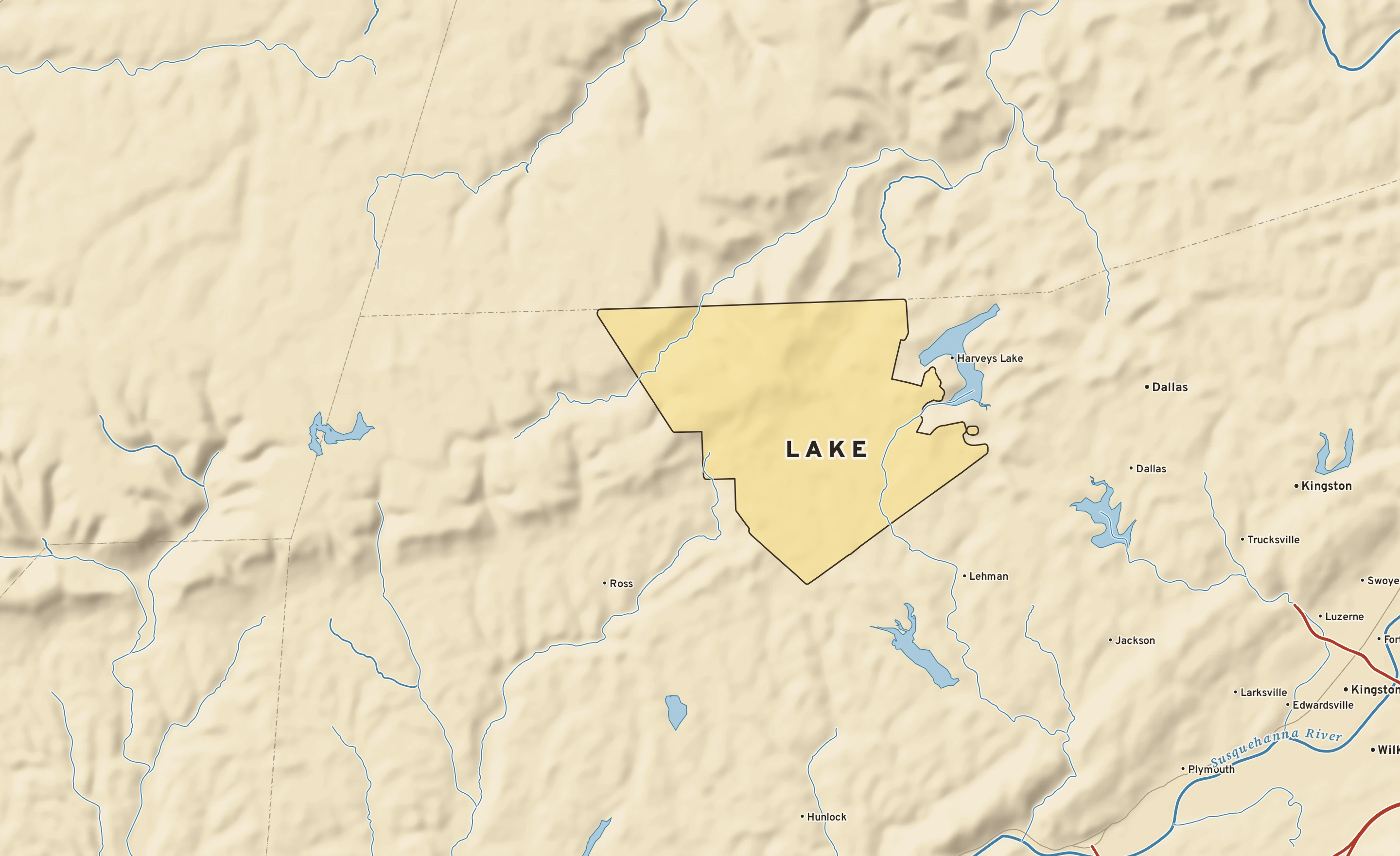 Shaded-relief atlas plate of Lake, Pennsylvania: rivers, roads, the city limits and where the water drains.