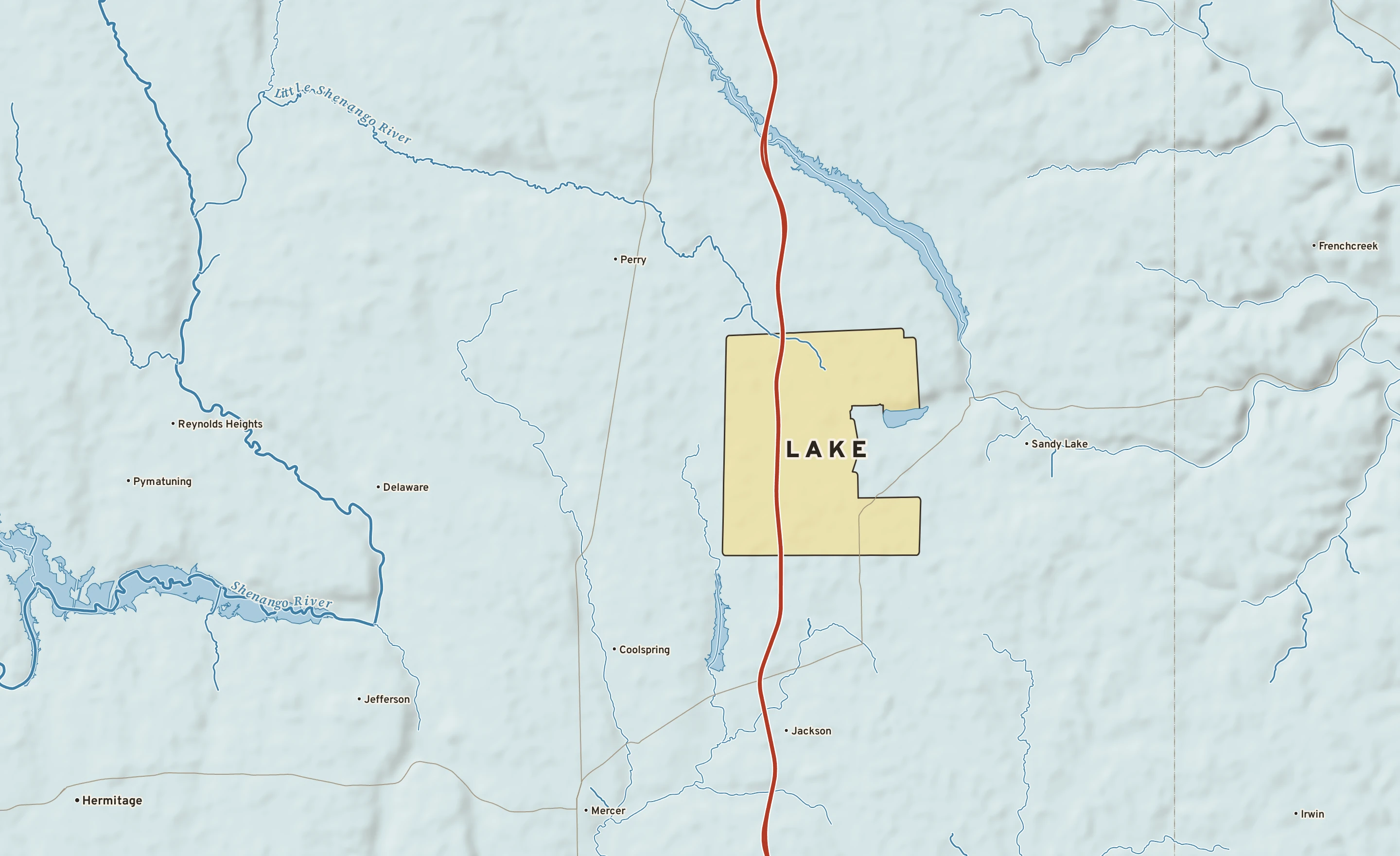 Shaded-relief atlas plate of Lake, Pennsylvania: rivers, roads, the city limits and where the water drains.