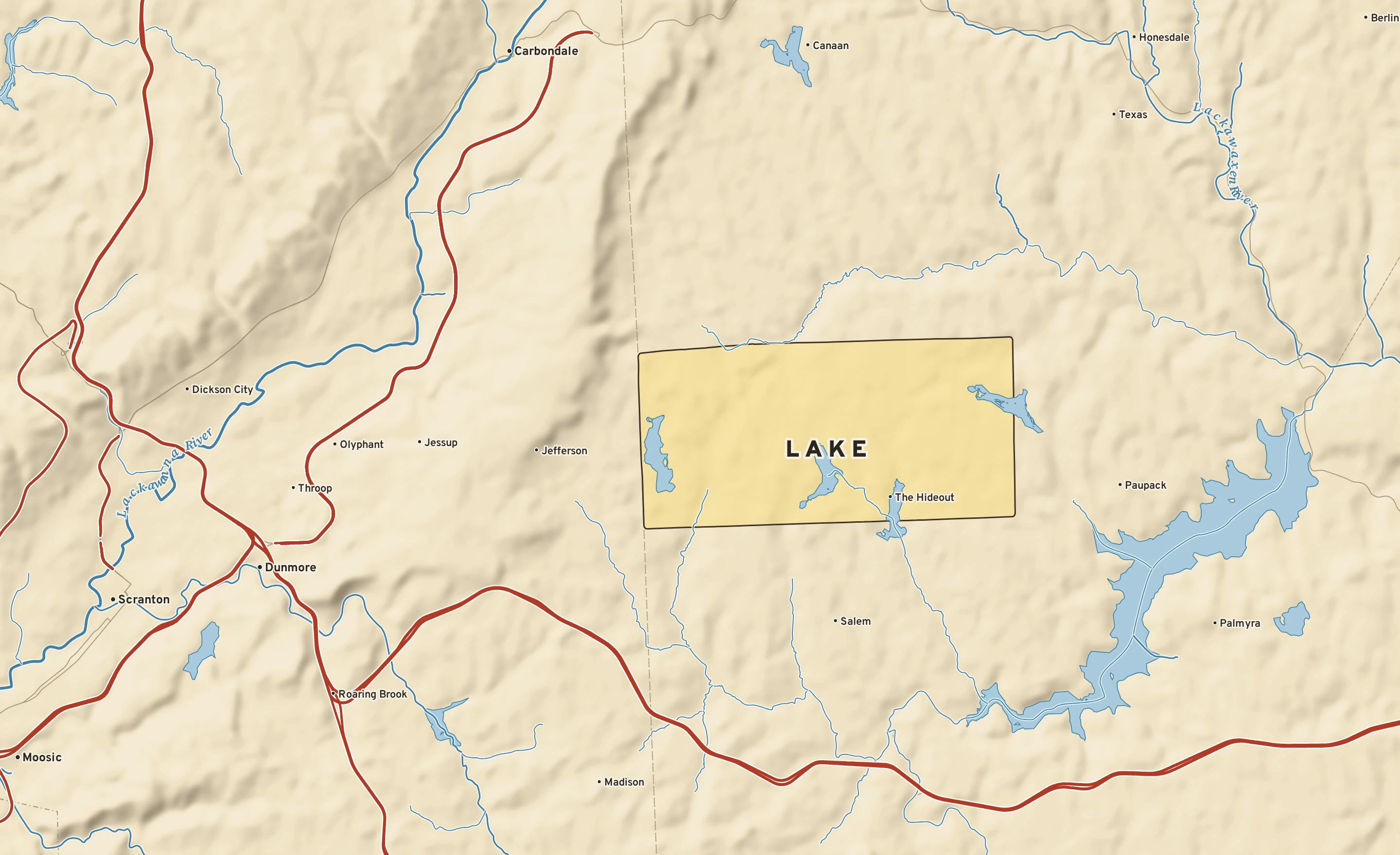 Shaded-relief atlas plate of Lake, Pennsylvania: rivers, roads, the city limits and where the water drains.