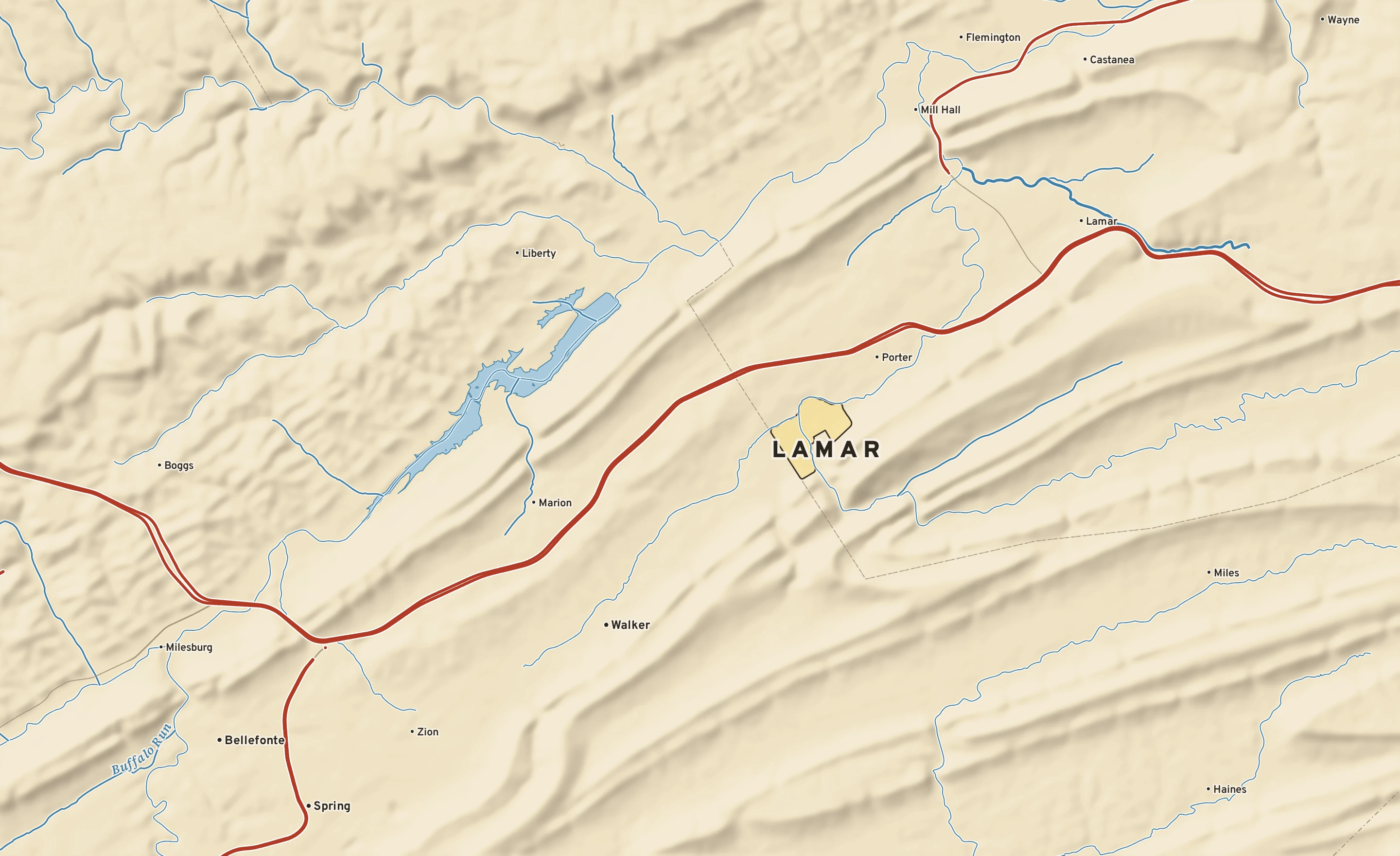 Shaded-relief atlas plate of Lamar, Pennsylvania: rivers, roads, the city limits and where the water drains.