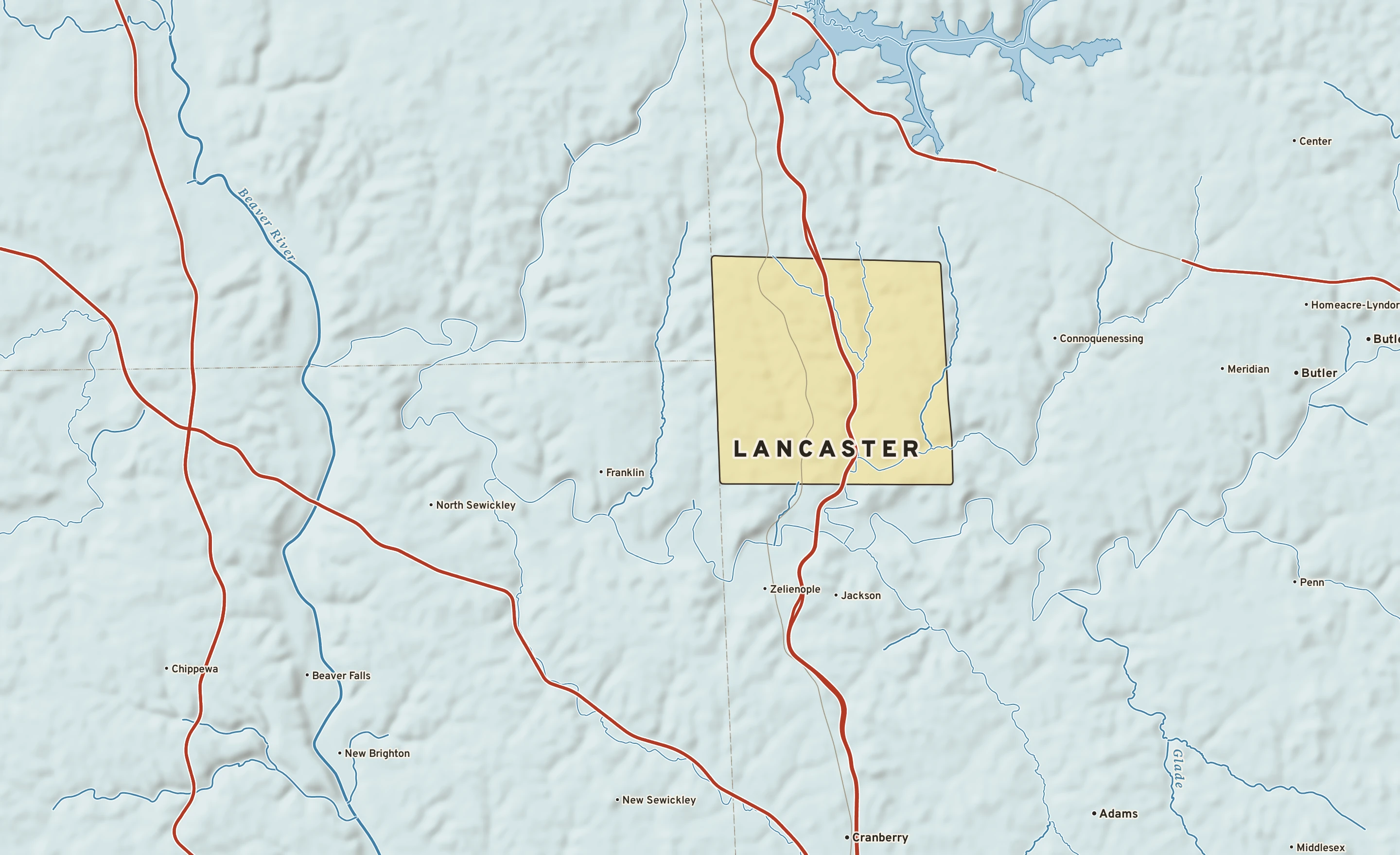 Shaded-relief atlas plate of Lancaster, Pennsylvania: rivers, roads, the city limits and where the water drains.