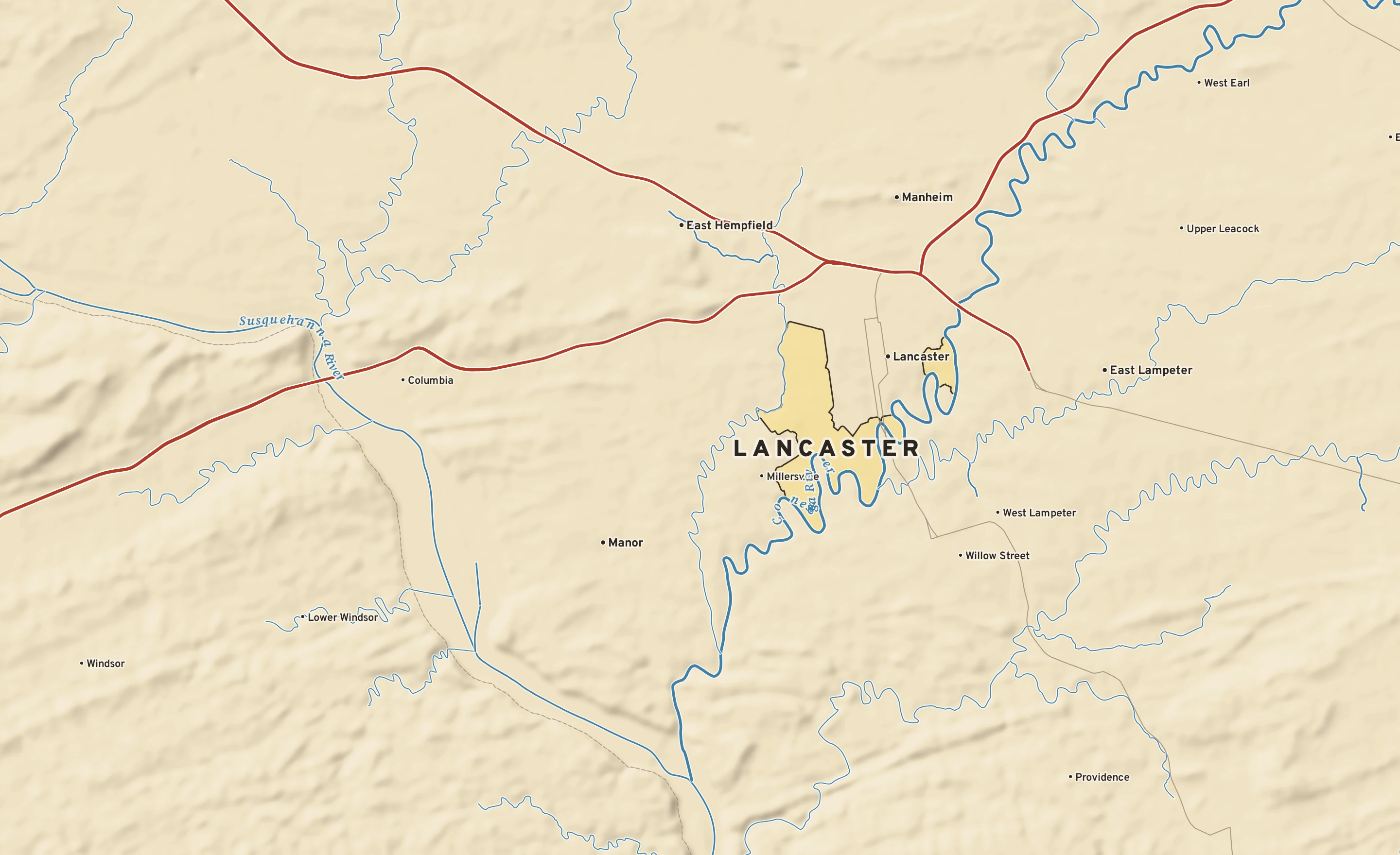 Shaded-relief atlas plate of Lancaster, Pennsylvania: rivers, roads, the city limits and where the water drains.