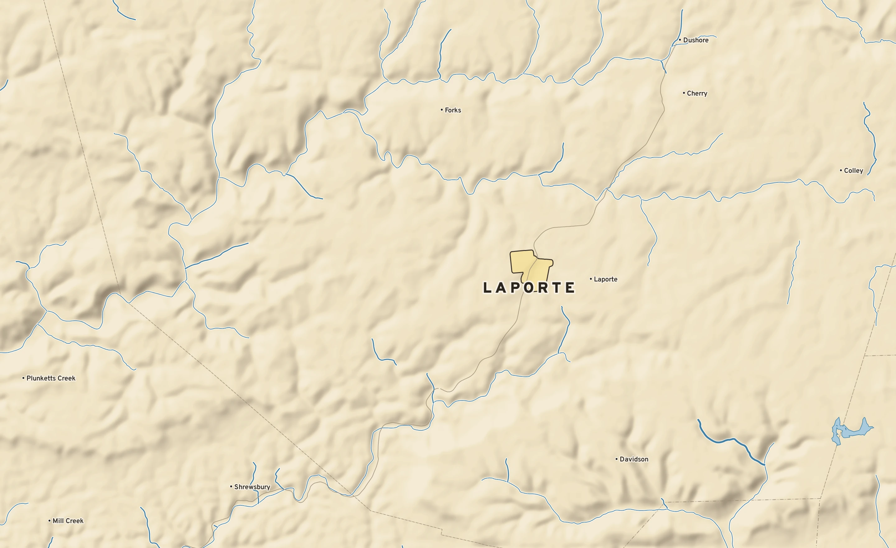Shaded-relief atlas plate of Laporte, Pennsylvania: rivers, roads, the city limits and where the water drains.