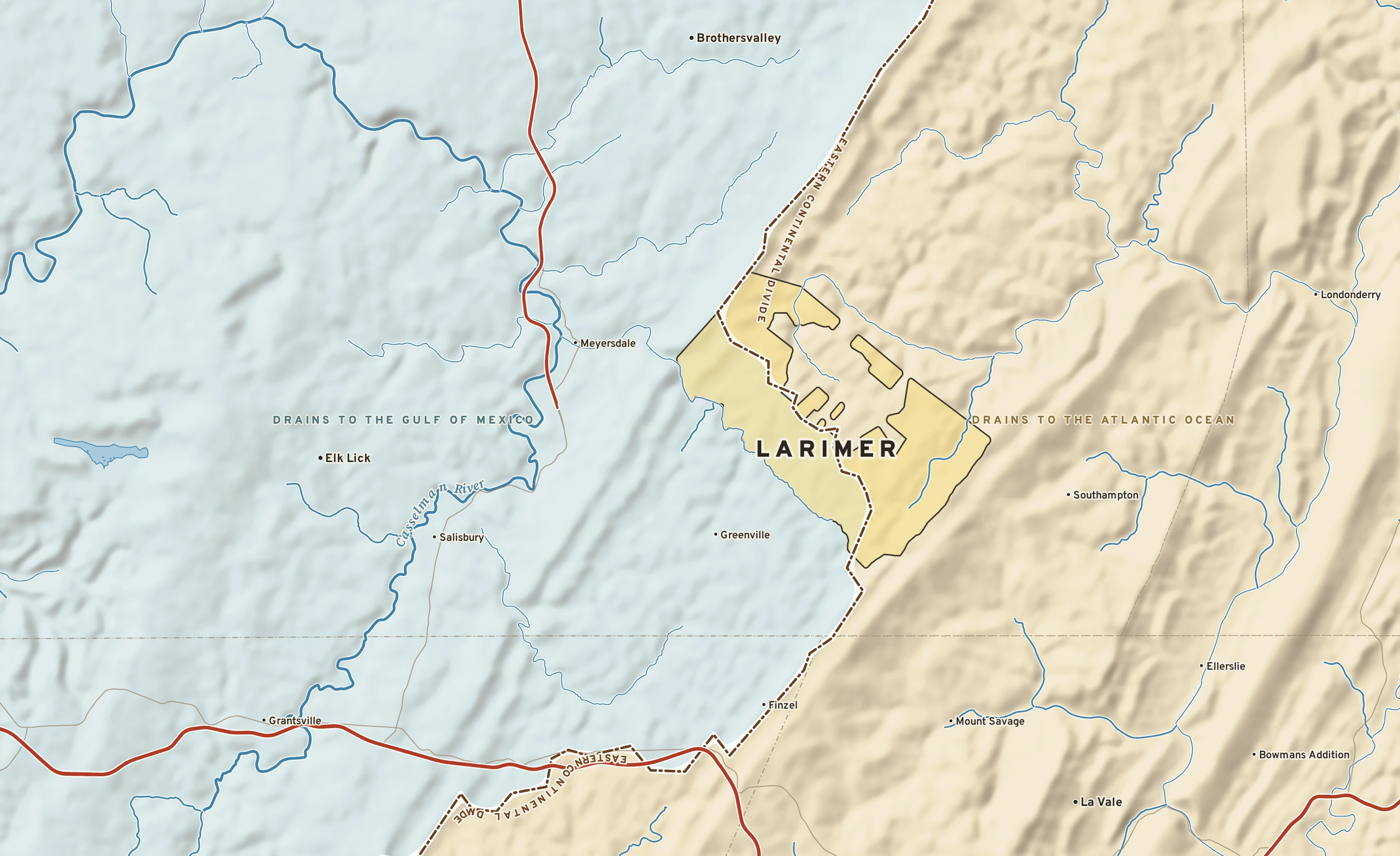 Shaded-relief atlas plate of Larimer, Pennsylvania: rivers, roads, the city limits and where the water drains.