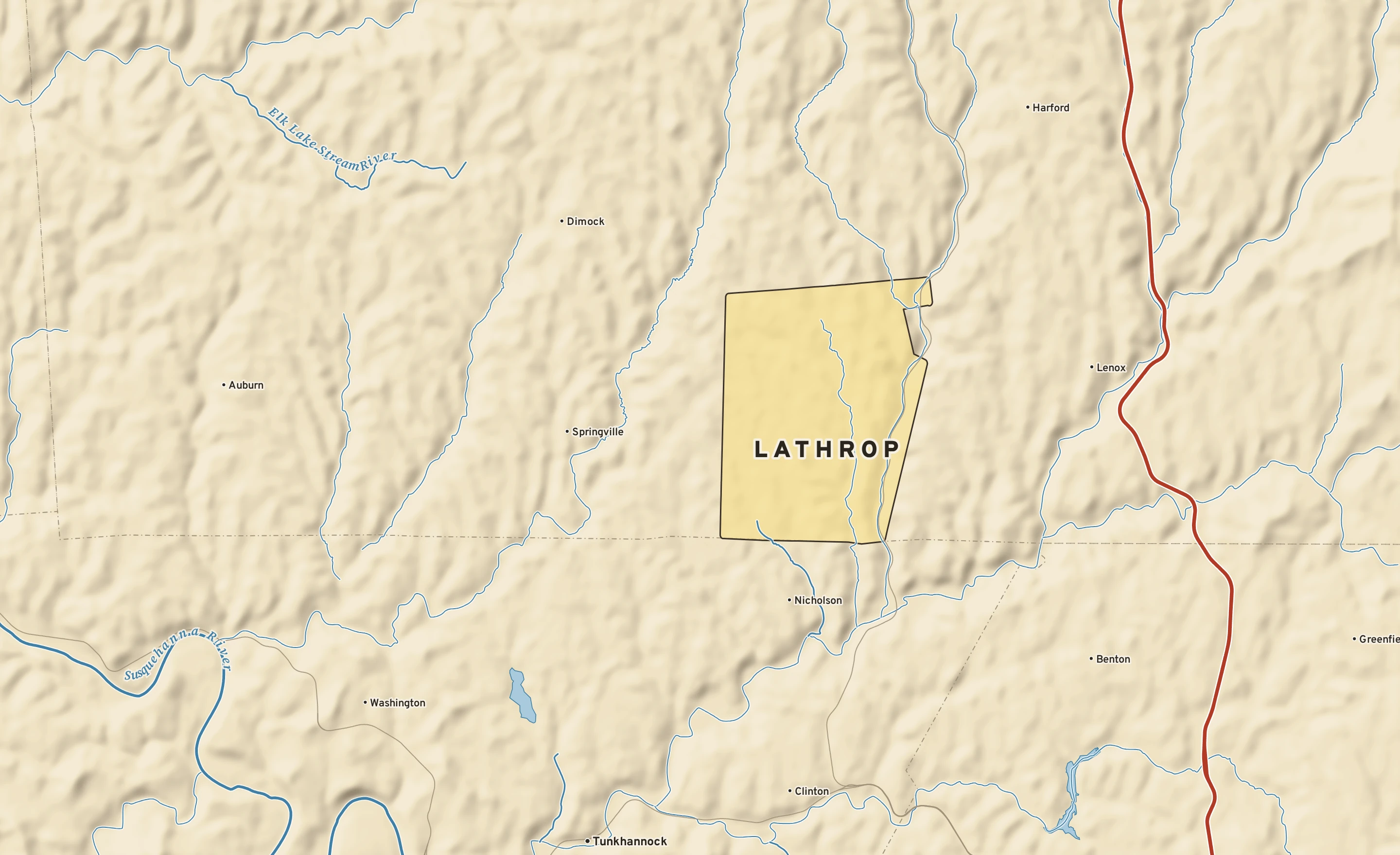 Shaded-relief atlas plate of Lathrop, Pennsylvania: rivers, roads, the city limits and where the water drains.