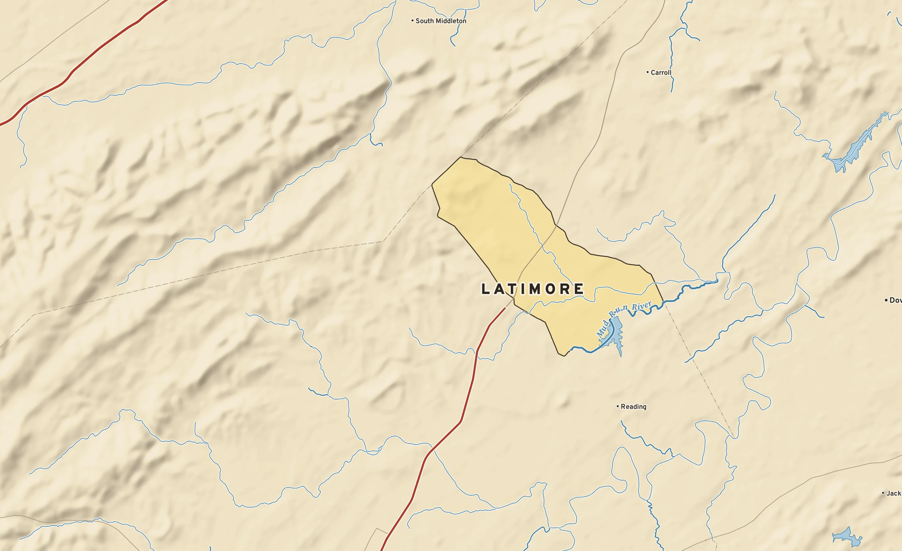Shaded-relief atlas plate of Latimore, Pennsylvania: rivers, roads, the city limits and where the water drains.