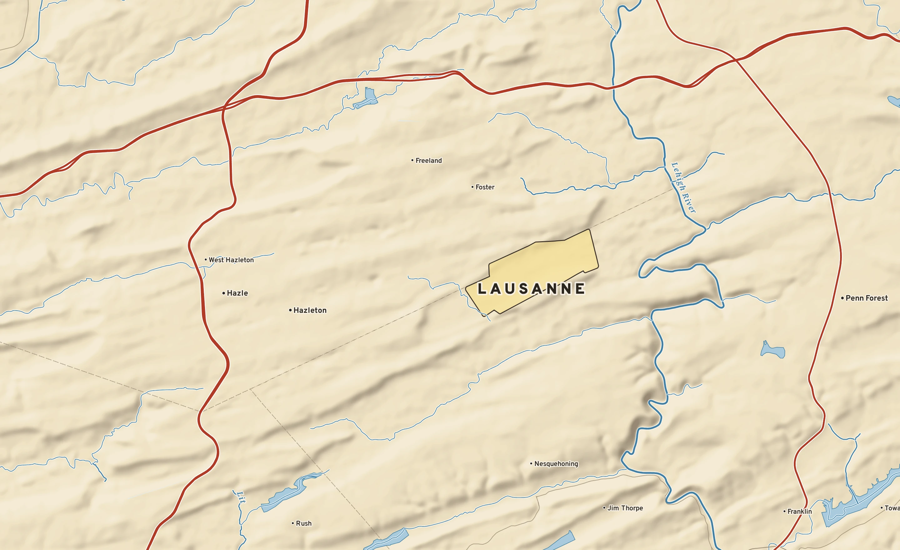 Shaded-relief atlas plate of Lausanne, Pennsylvania: rivers, roads, the city limits and where the water drains.
