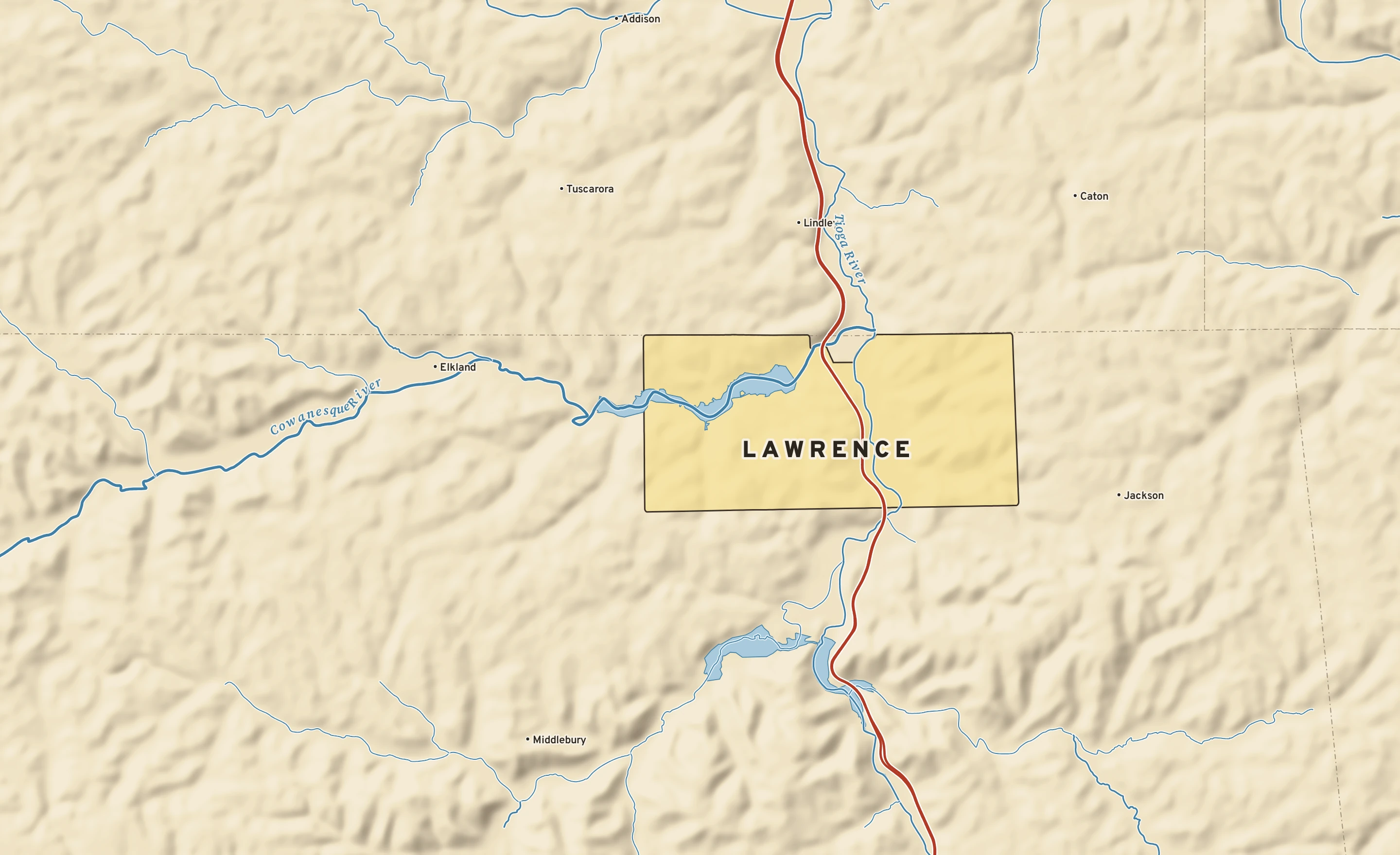 Shaded-relief atlas plate of Lawrence, Pennsylvania: rivers, roads, the city limits and where the water drains.