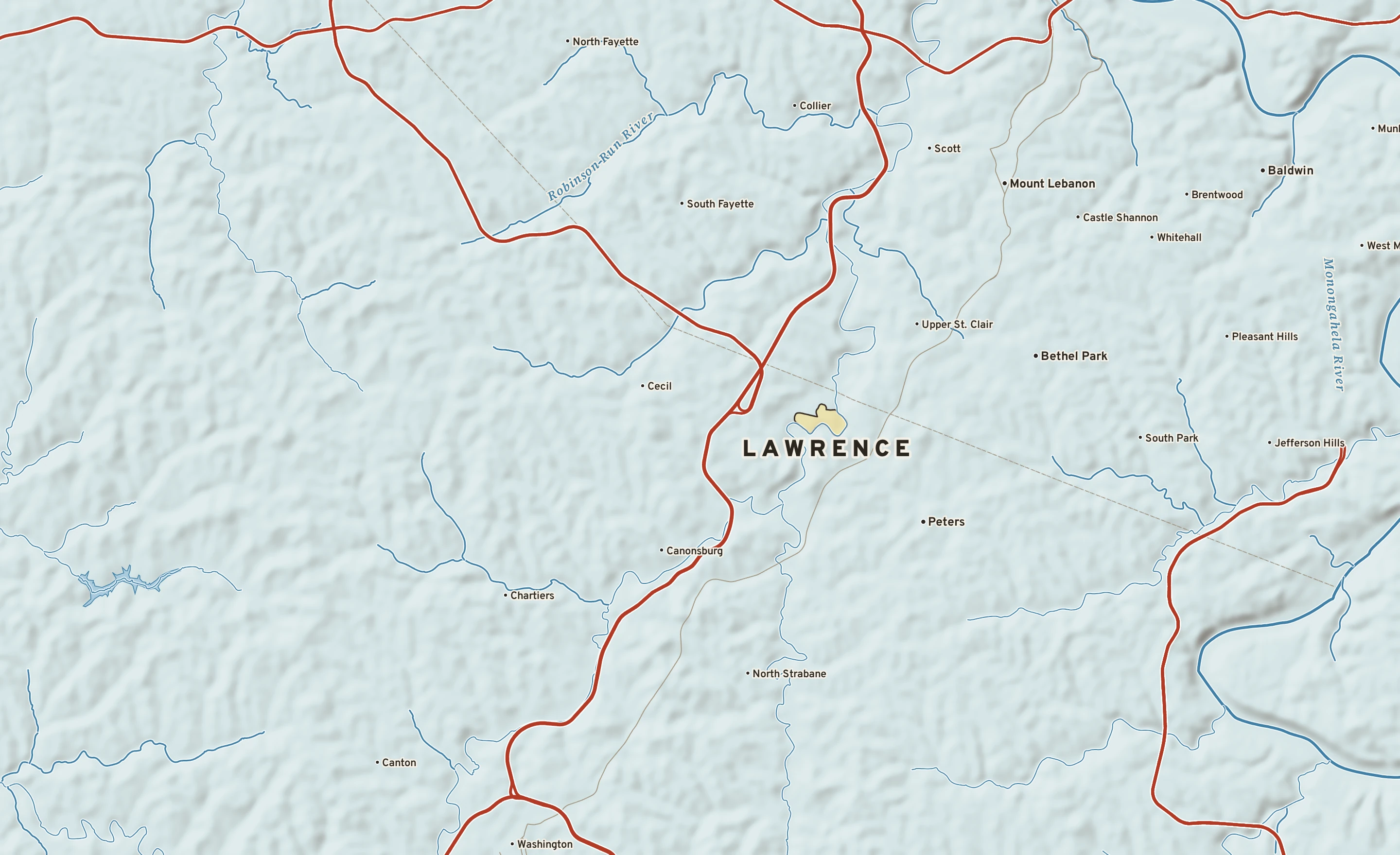 Shaded-relief atlas plate of Lawrence, Pennsylvania: rivers, roads, the city limits and where the water drains.