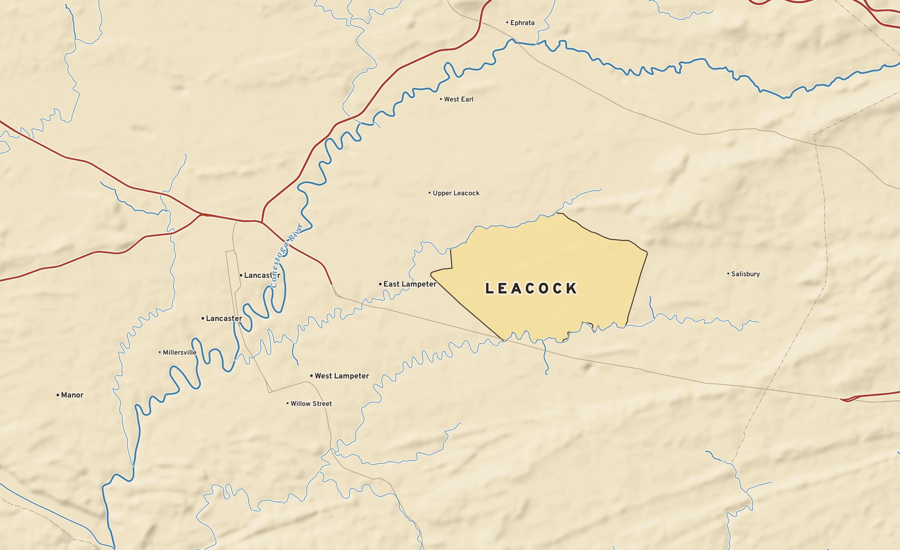Shaded-relief atlas plate of Leacock, Pennsylvania: rivers, roads, the city limits and where the water drains.
