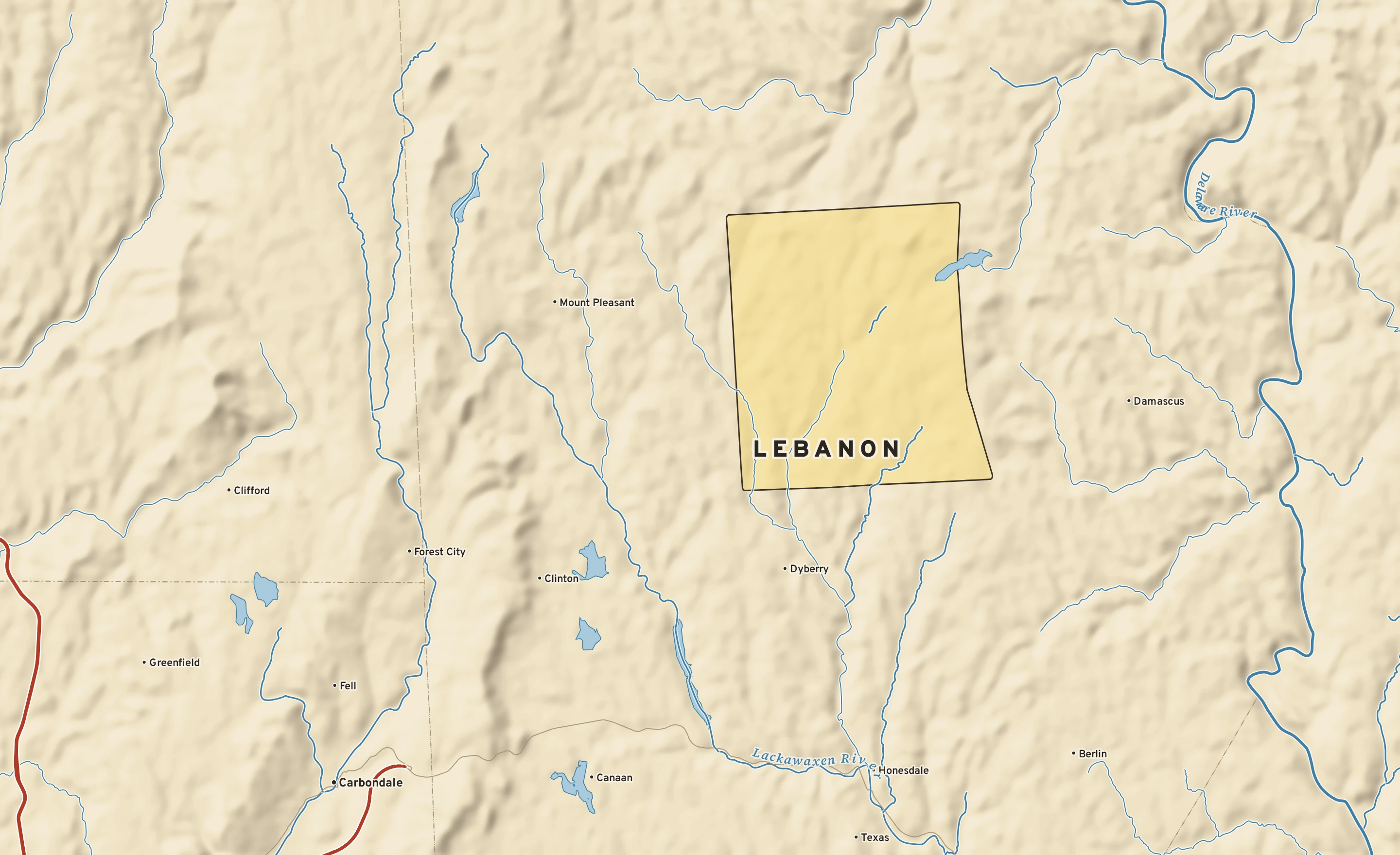 Shaded-relief atlas plate of Lebanon, Pennsylvania: rivers, roads, the city limits and where the water drains.
