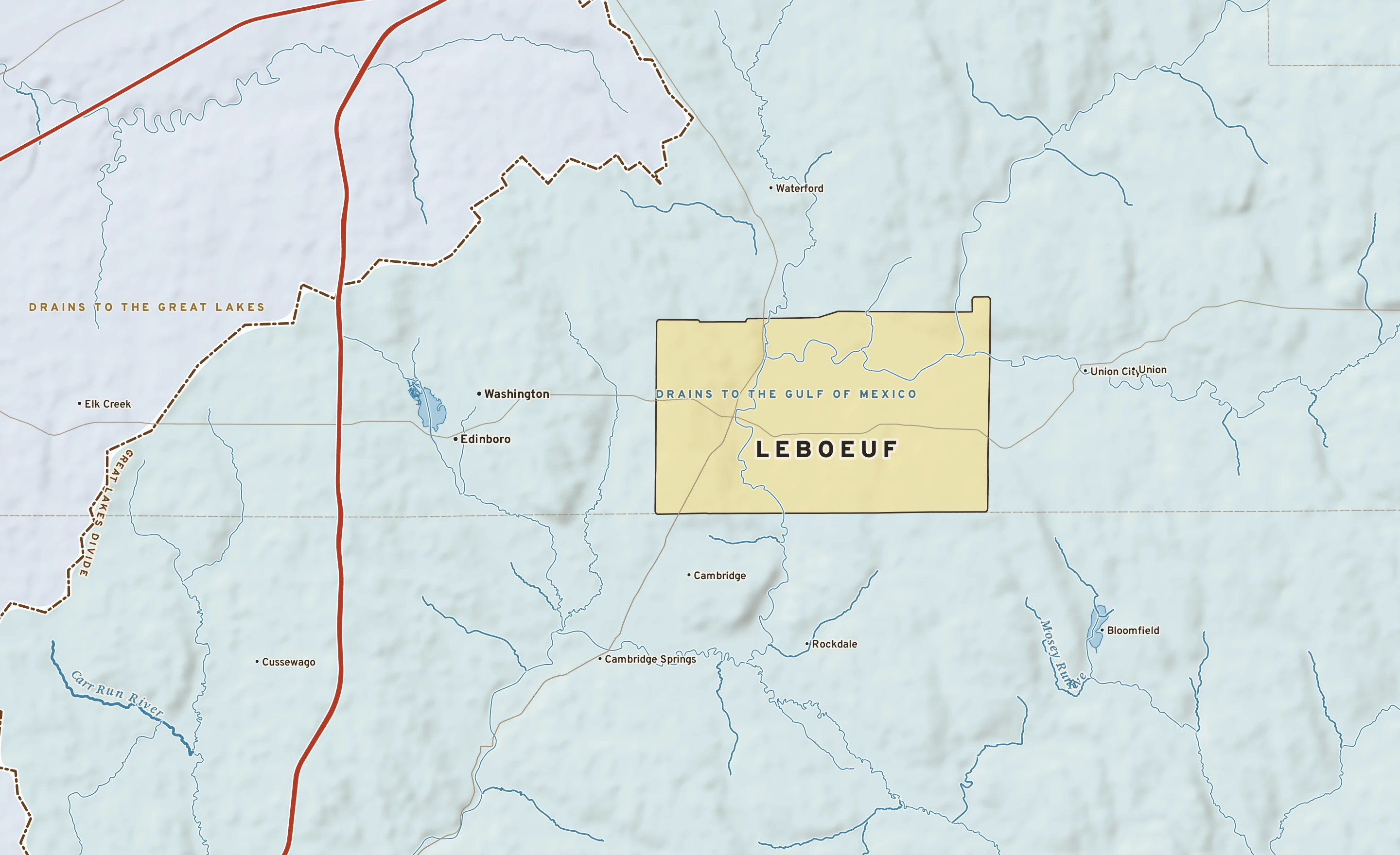 Shaded-relief atlas plate of LeBoeuf, Pennsylvania: rivers, roads, the city limits and where the water drains.