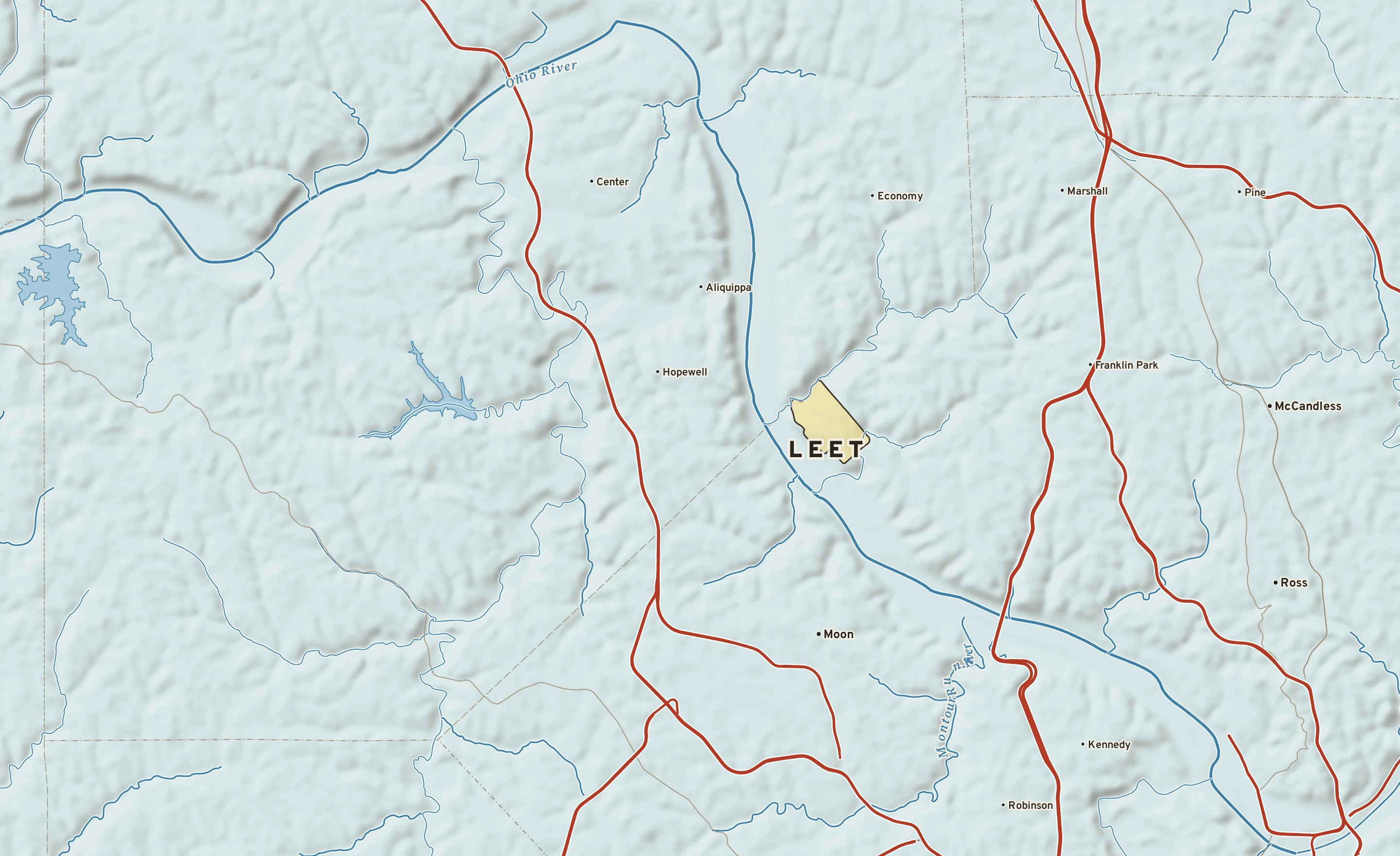 Shaded-relief atlas plate of Leet, Pennsylvania: rivers, roads, the city limits and where the water drains.