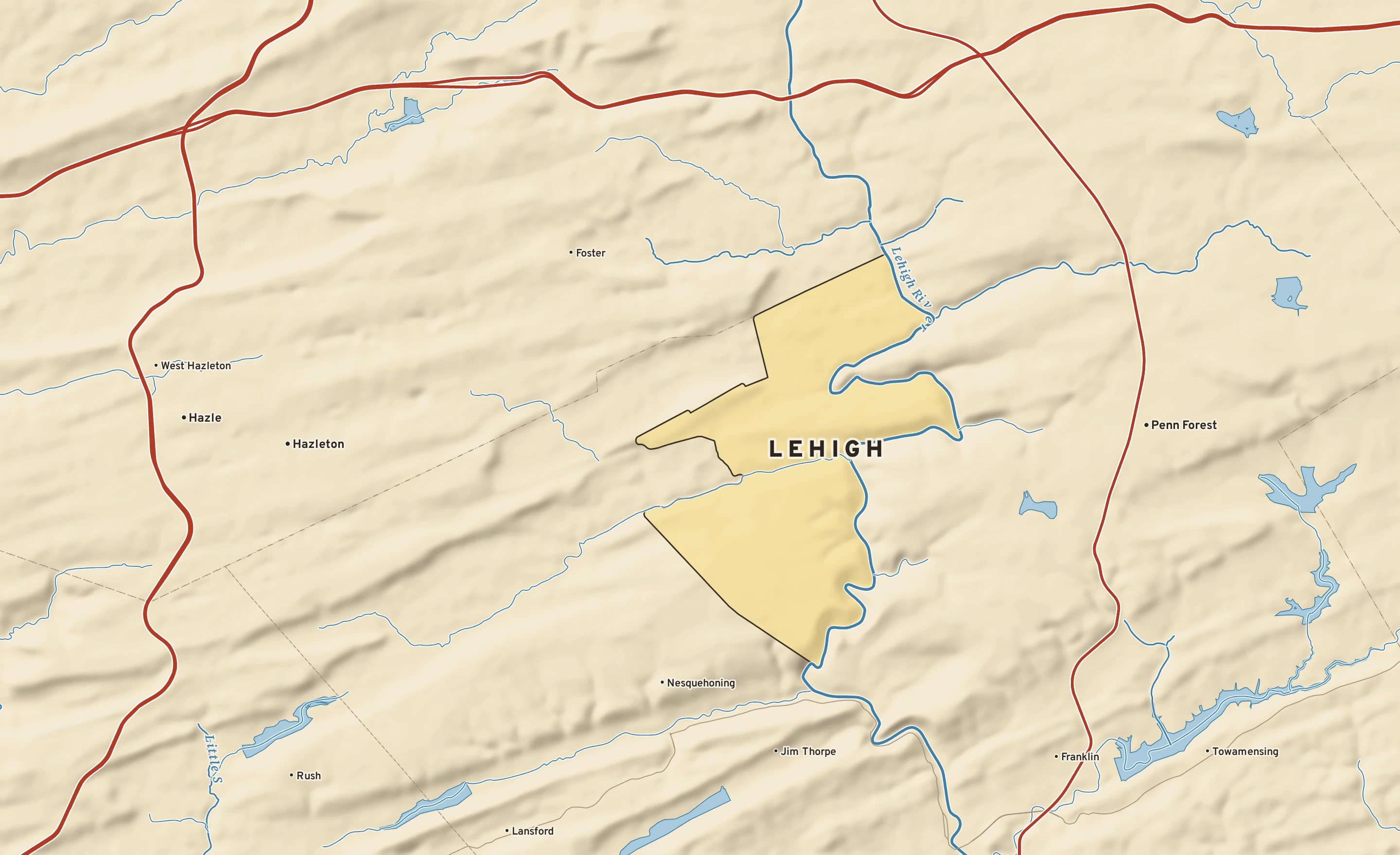 Shaded-relief atlas plate of Lehigh, Pennsylvania: rivers, roads, the city limits and where the water drains.