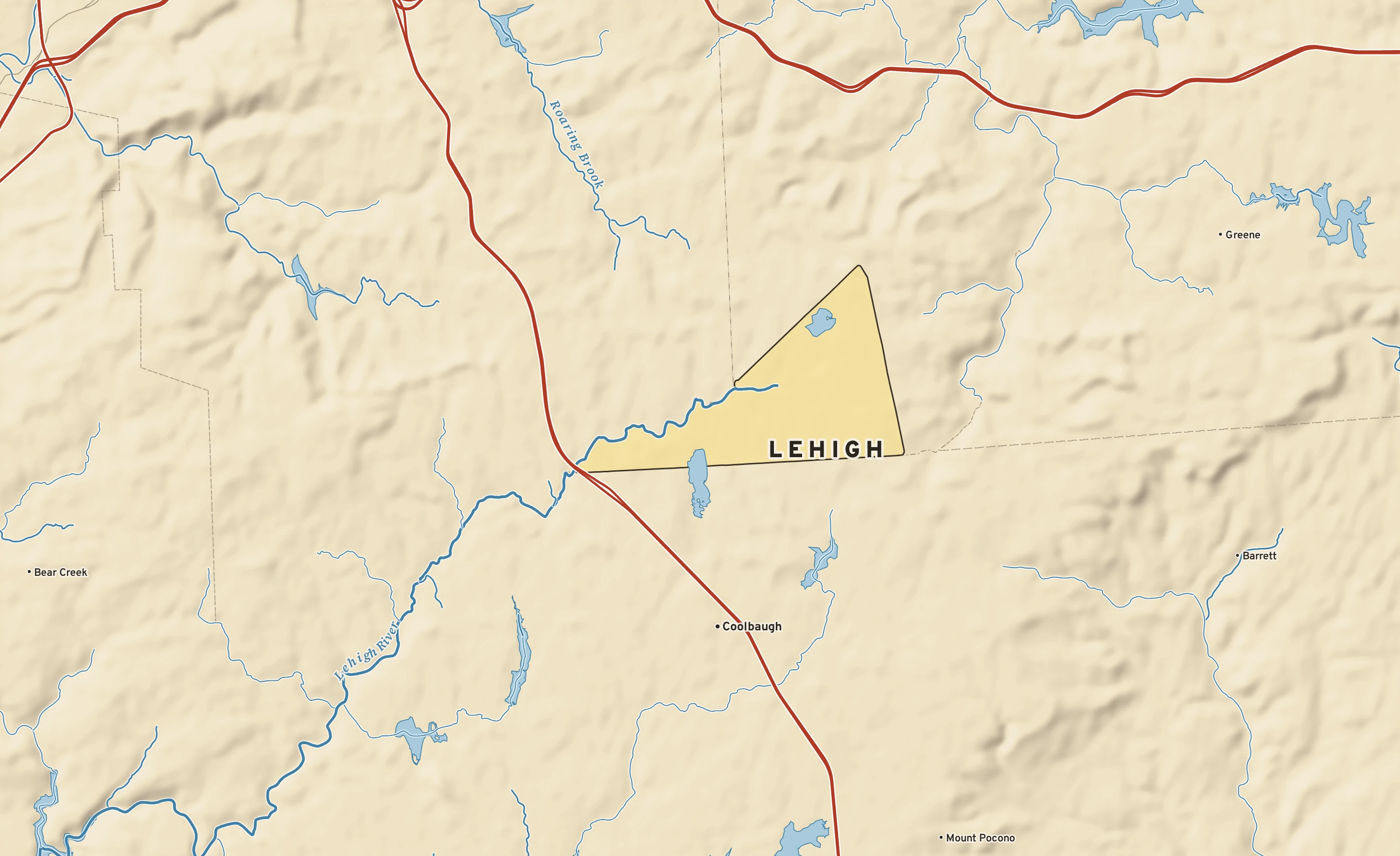 Shaded-relief atlas plate of Lehigh, Pennsylvania: rivers, roads, the city limits and where the water drains.