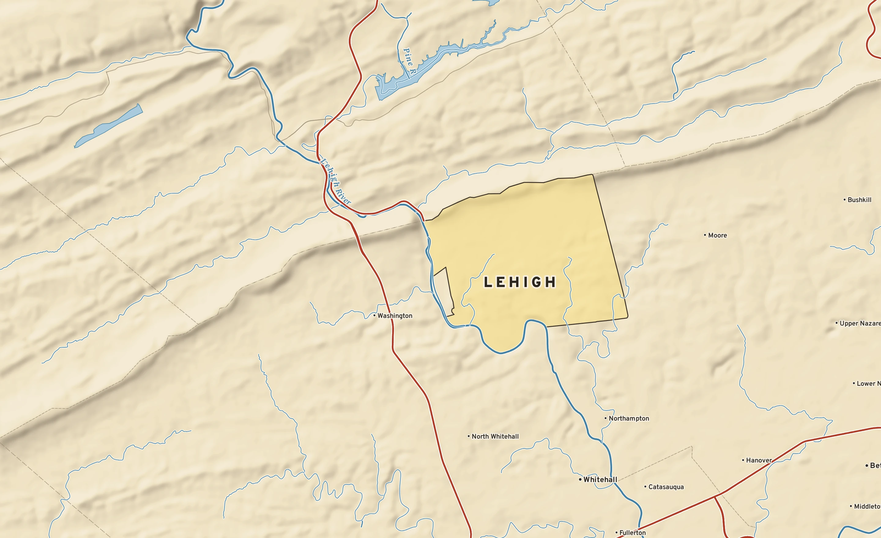 Shaded-relief atlas plate of Lehigh, Pennsylvania: rivers, roads, the city limits and where the water drains.