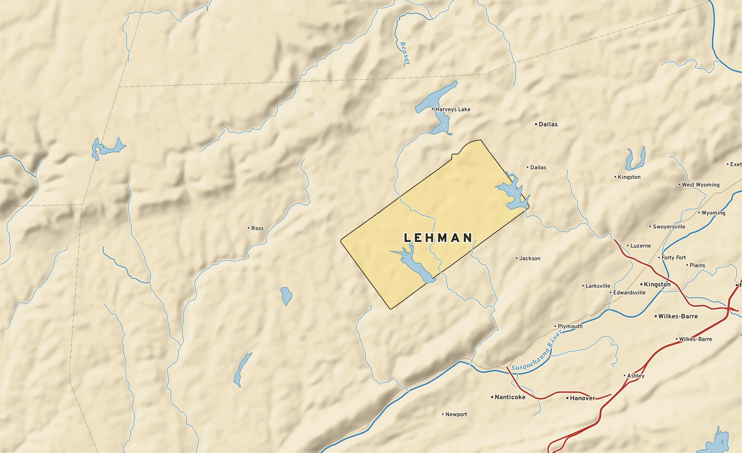 Shaded-relief atlas plate of Lehman, Pennsylvania: rivers, roads, the city limits and where the water drains.