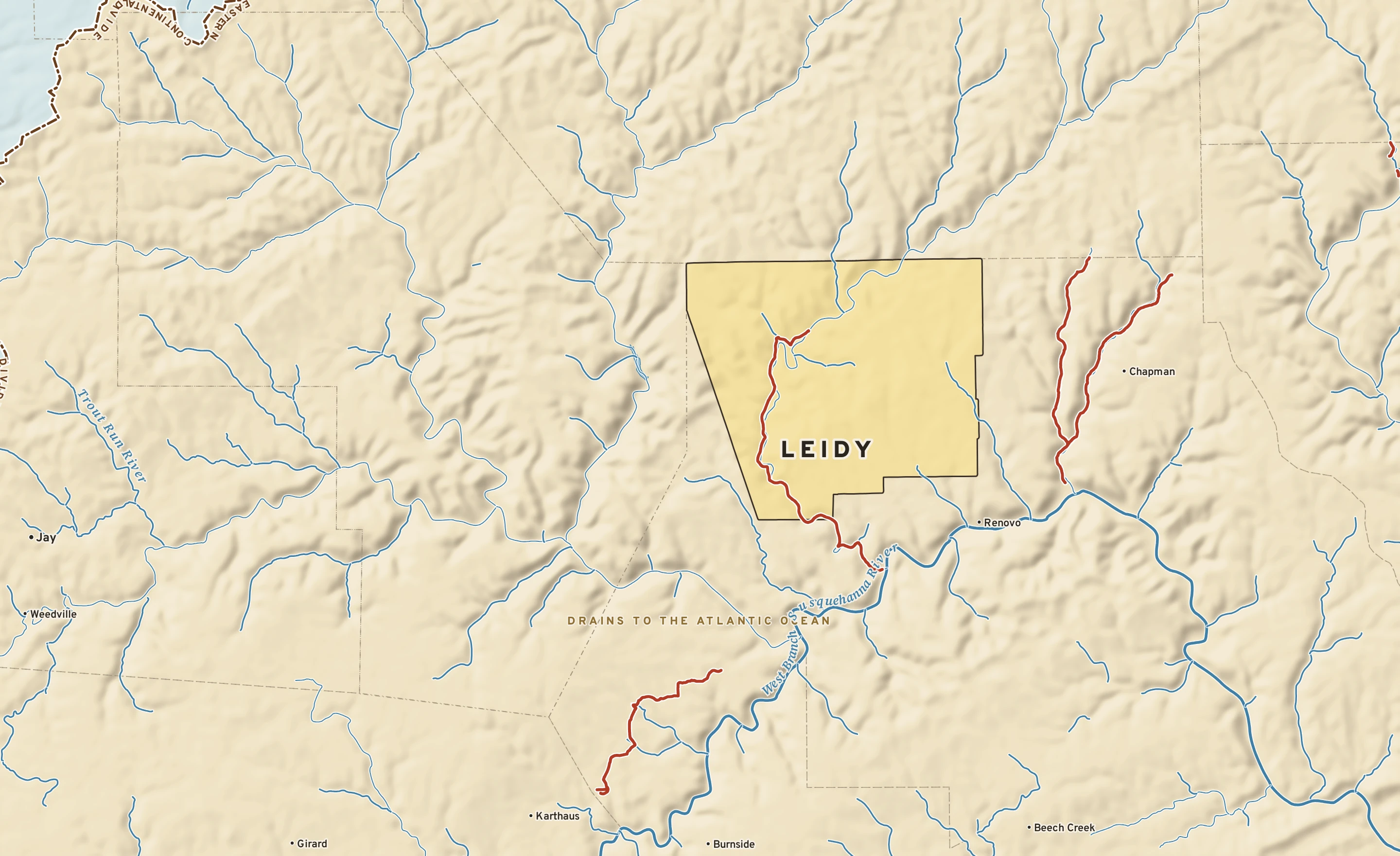Shaded-relief atlas plate of Leidy, Pennsylvania: rivers, roads, the city limits and where the water drains.