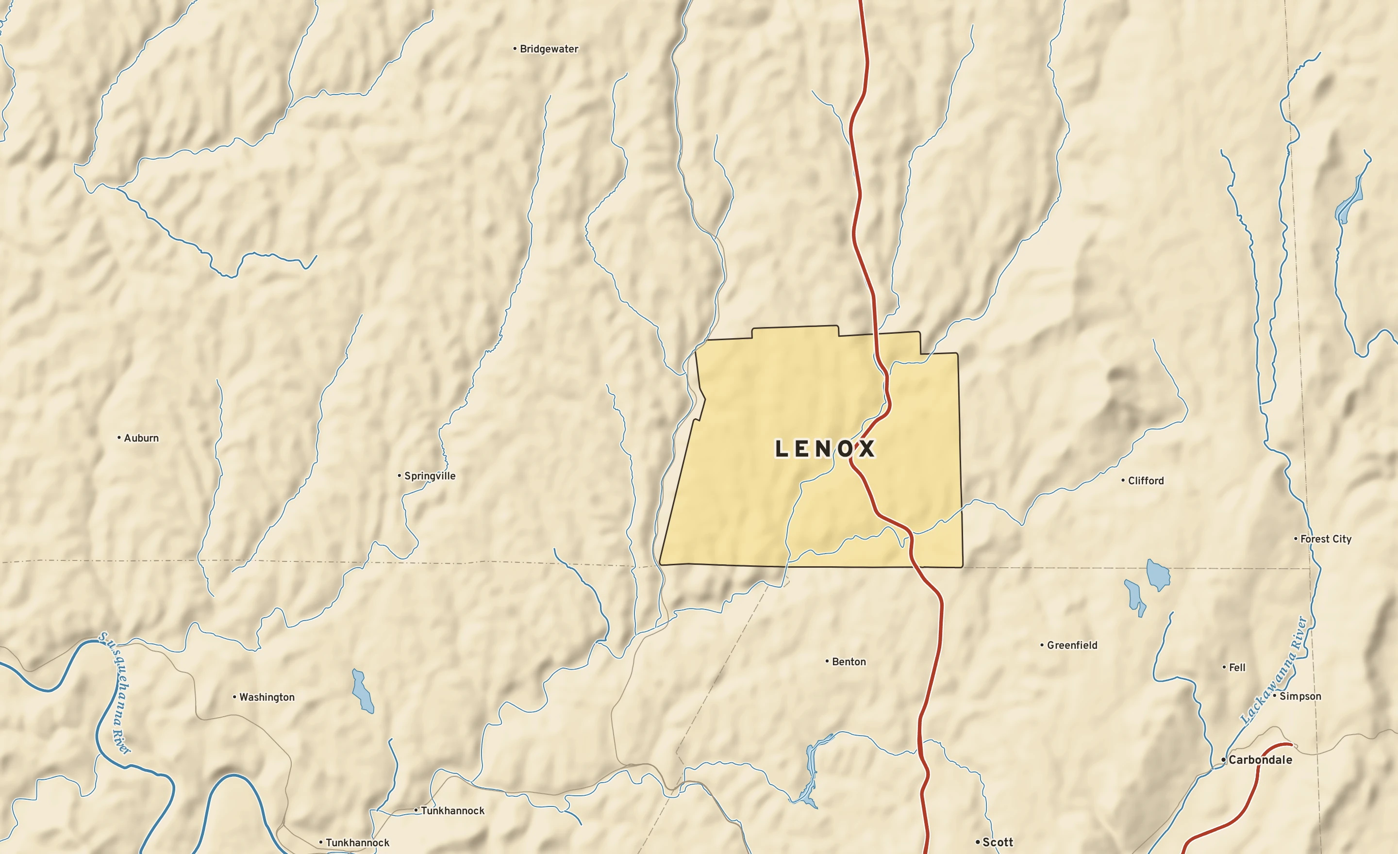 Shaded-relief atlas plate of Lenox, Pennsylvania: rivers, roads, the city limits and where the water drains.