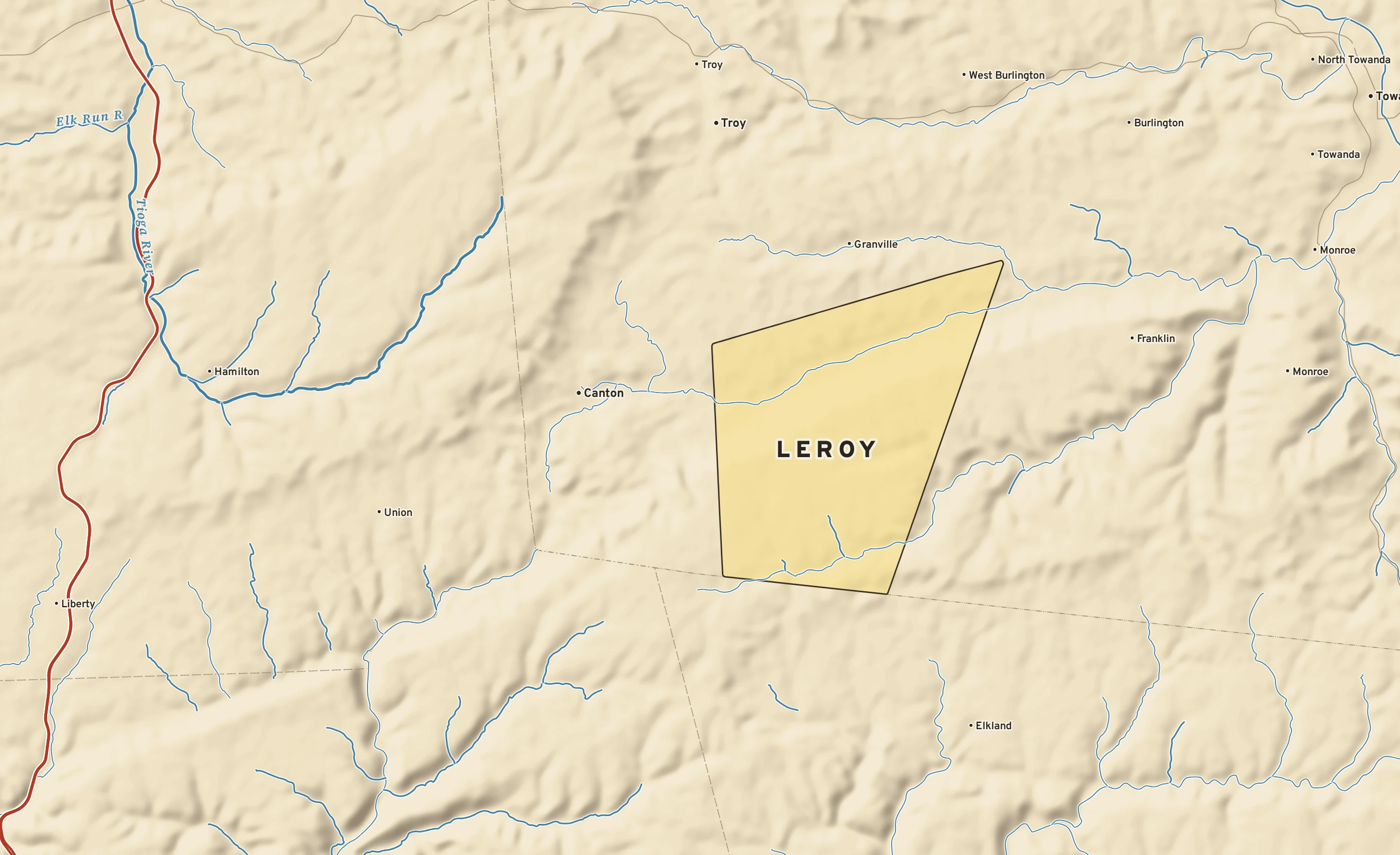 Shaded-relief atlas plate of Leroy, Pennsylvania: rivers, roads, the city limits and where the water drains.
