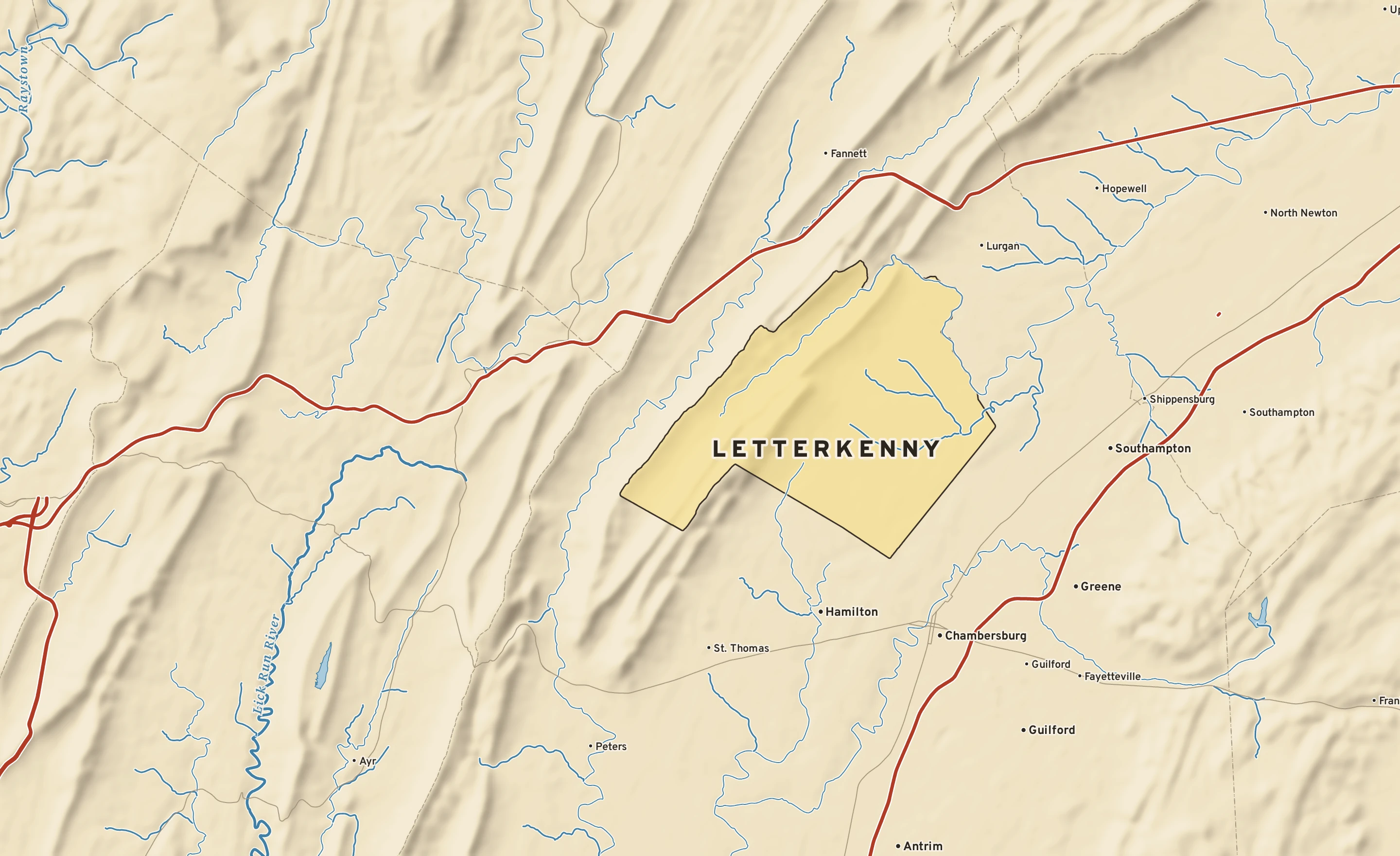 Shaded-relief atlas plate of Letterkenny, Pennsylvania: rivers, roads, the city limits and where the water drains.