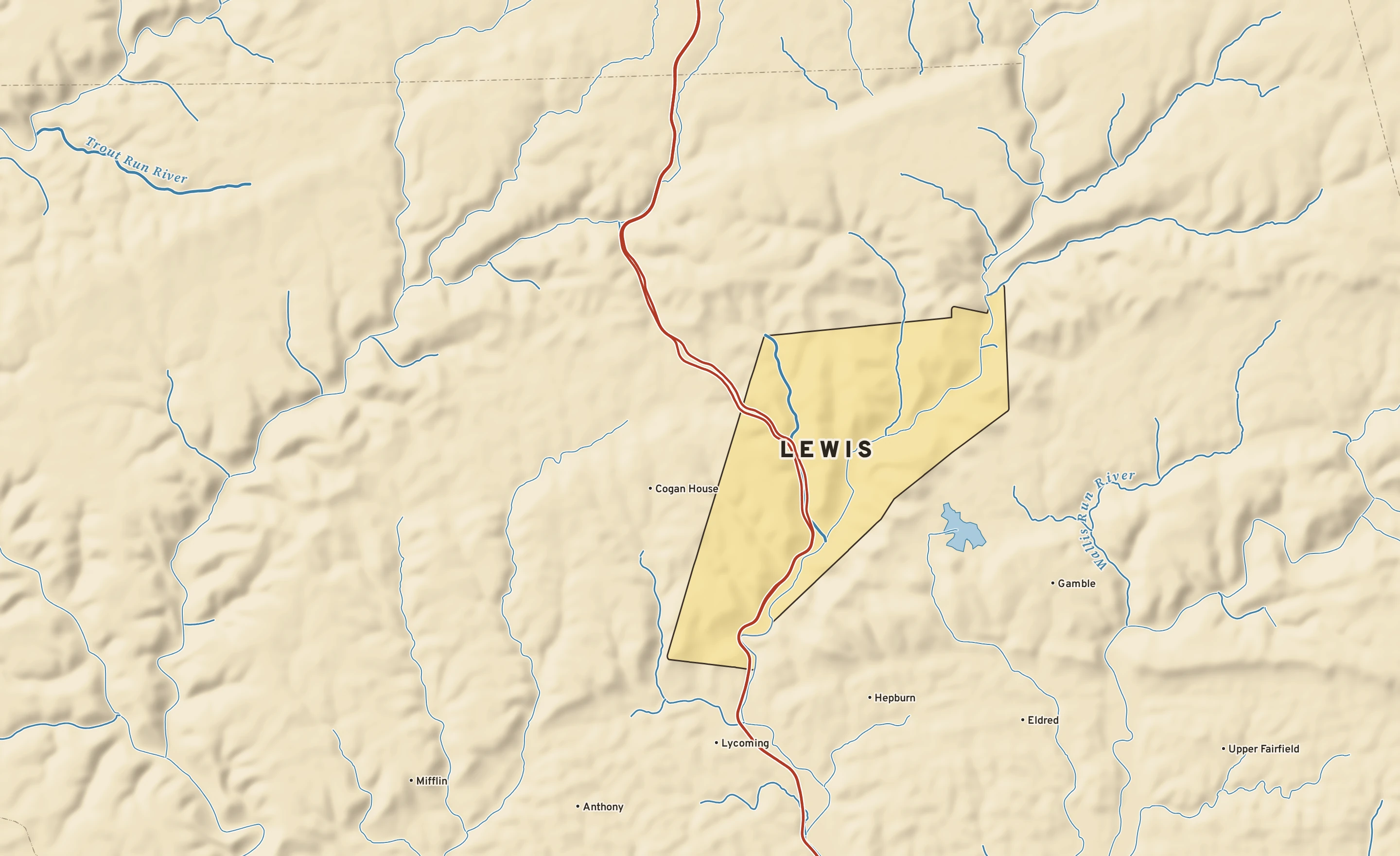 Shaded-relief atlas plate of Lewis, Pennsylvania: rivers, roads, the city limits and where the water drains.