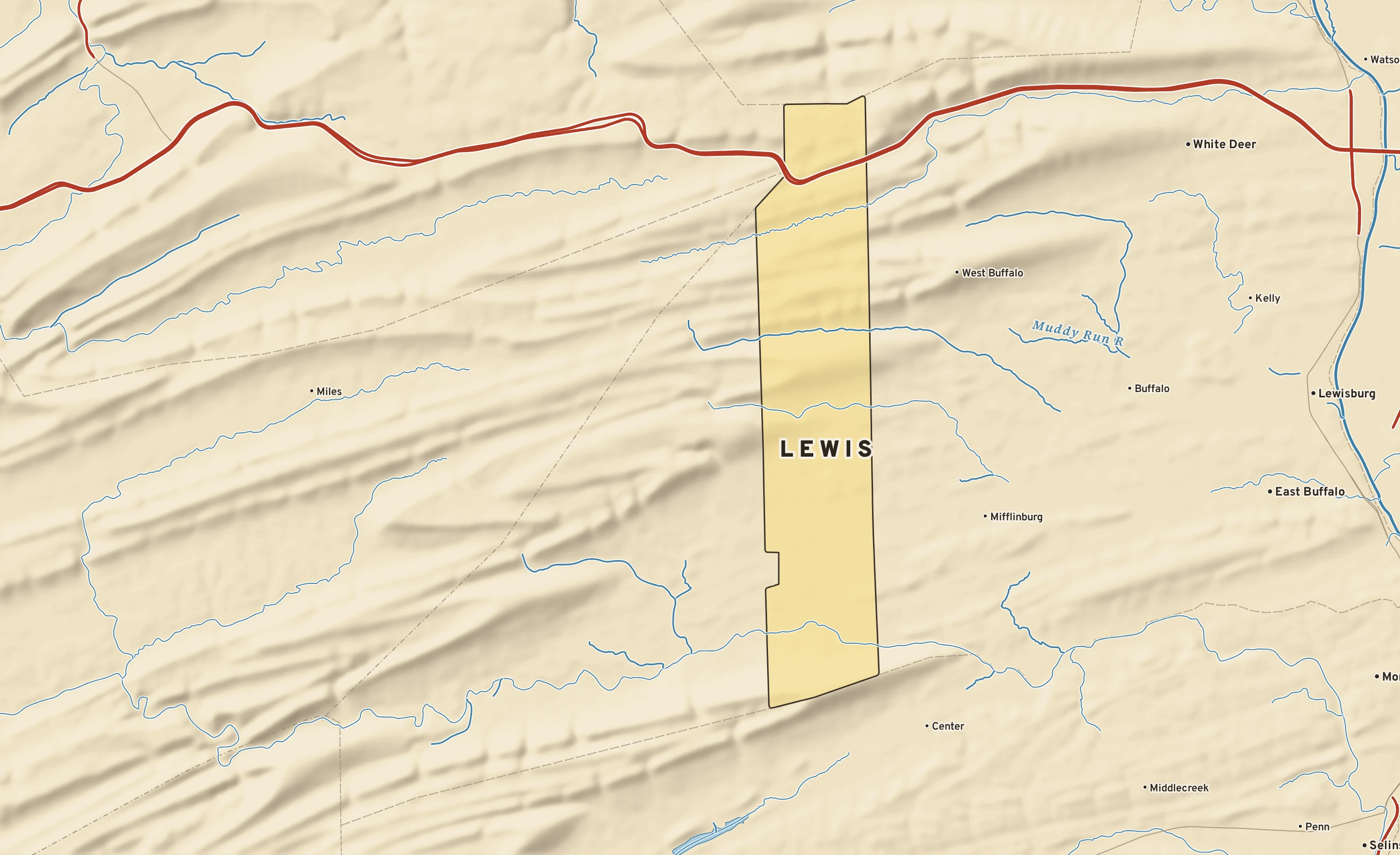 Shaded-relief atlas plate of Lewis, Pennsylvania: rivers, roads, the city limits and where the water drains.