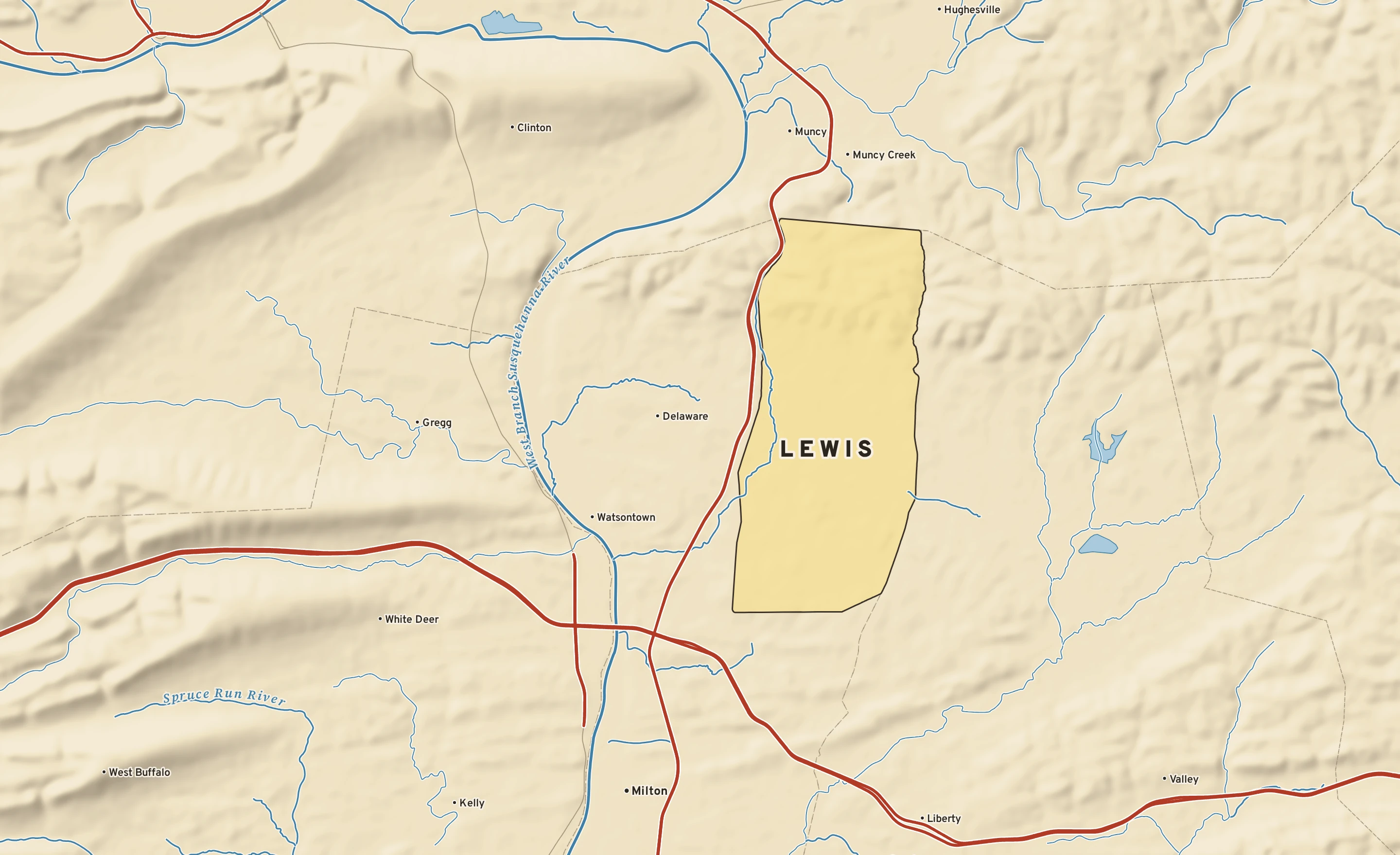 Shaded-relief atlas plate of Lewis, Pennsylvania: rivers, roads, the city limits and where the water drains.