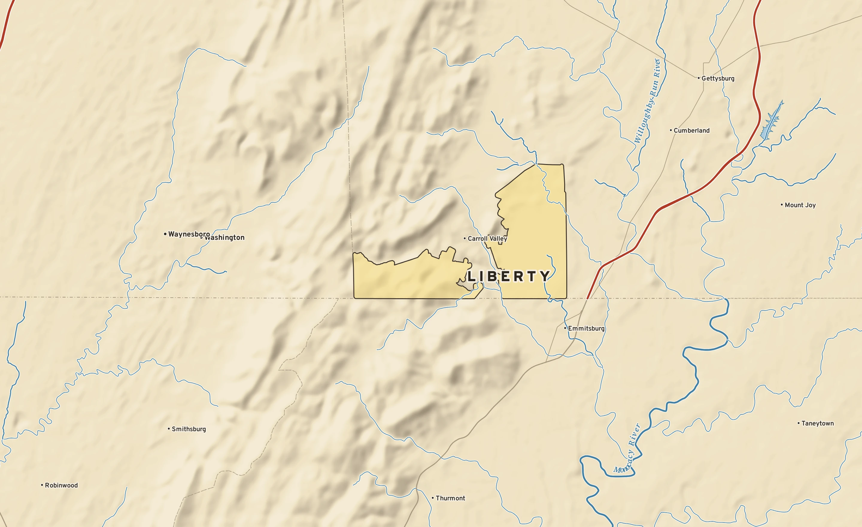 Shaded-relief atlas plate of Liberty, Pennsylvania: rivers, roads, the city limits and where the water drains.