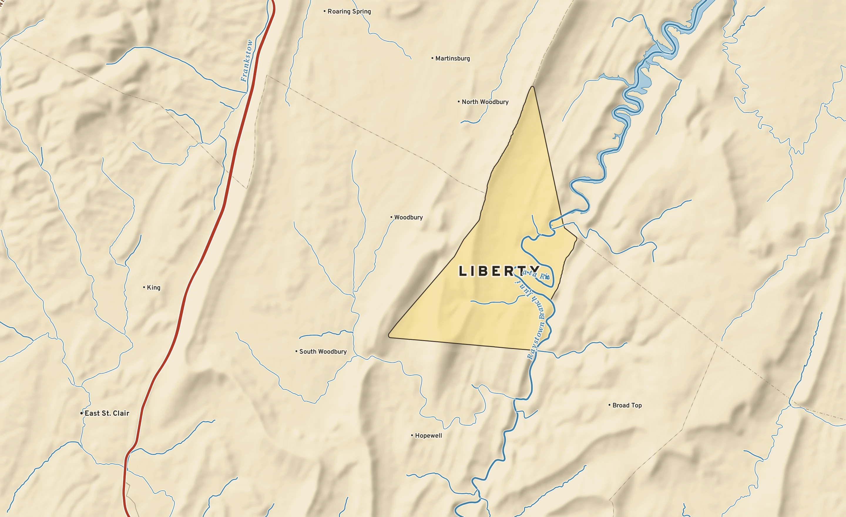Shaded-relief atlas plate of Liberty, Pennsylvania: rivers, roads, the city limits and where the water drains.