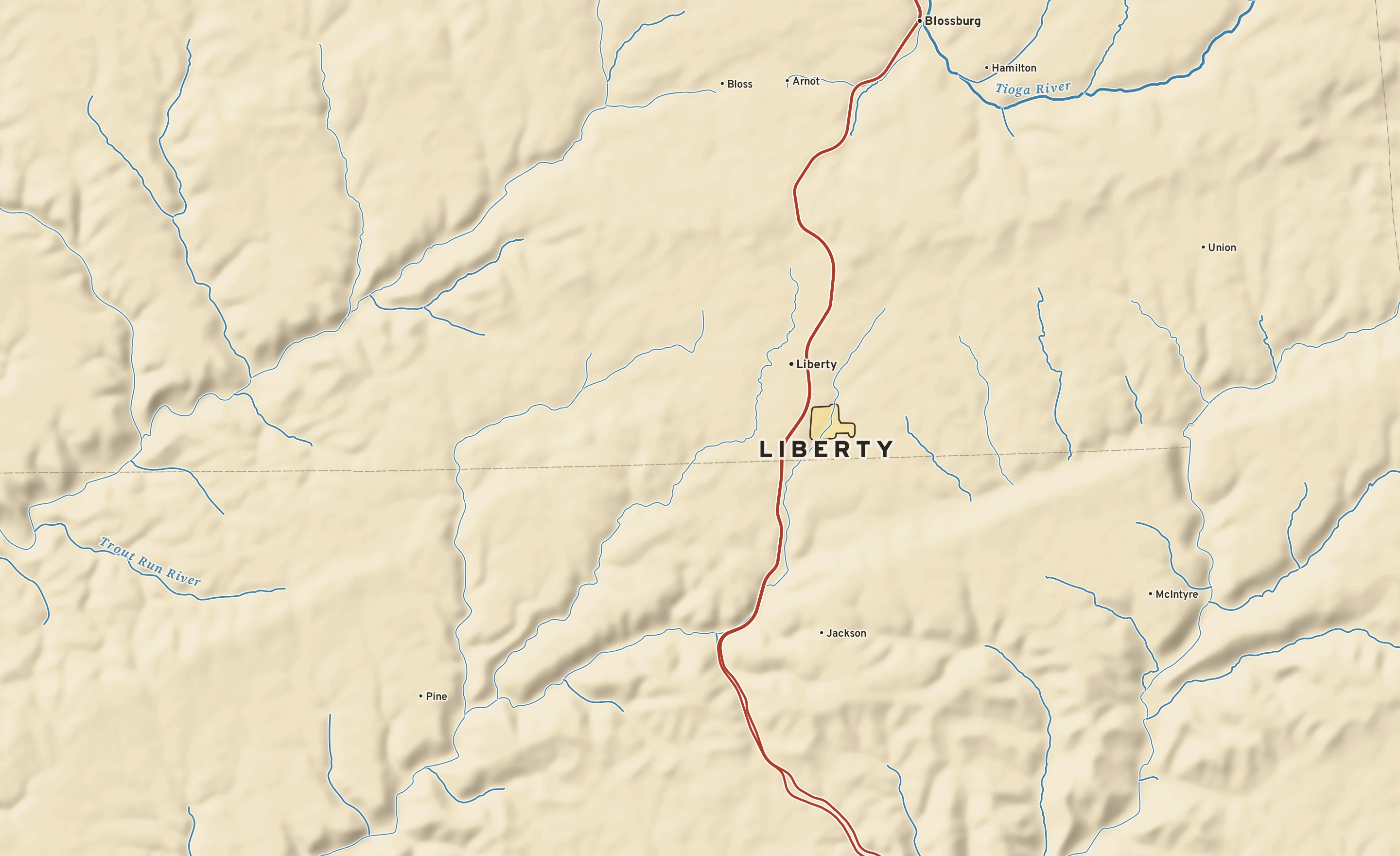 Shaded-relief atlas plate of Liberty, Pennsylvania: rivers, roads, the city limits and where the water drains.