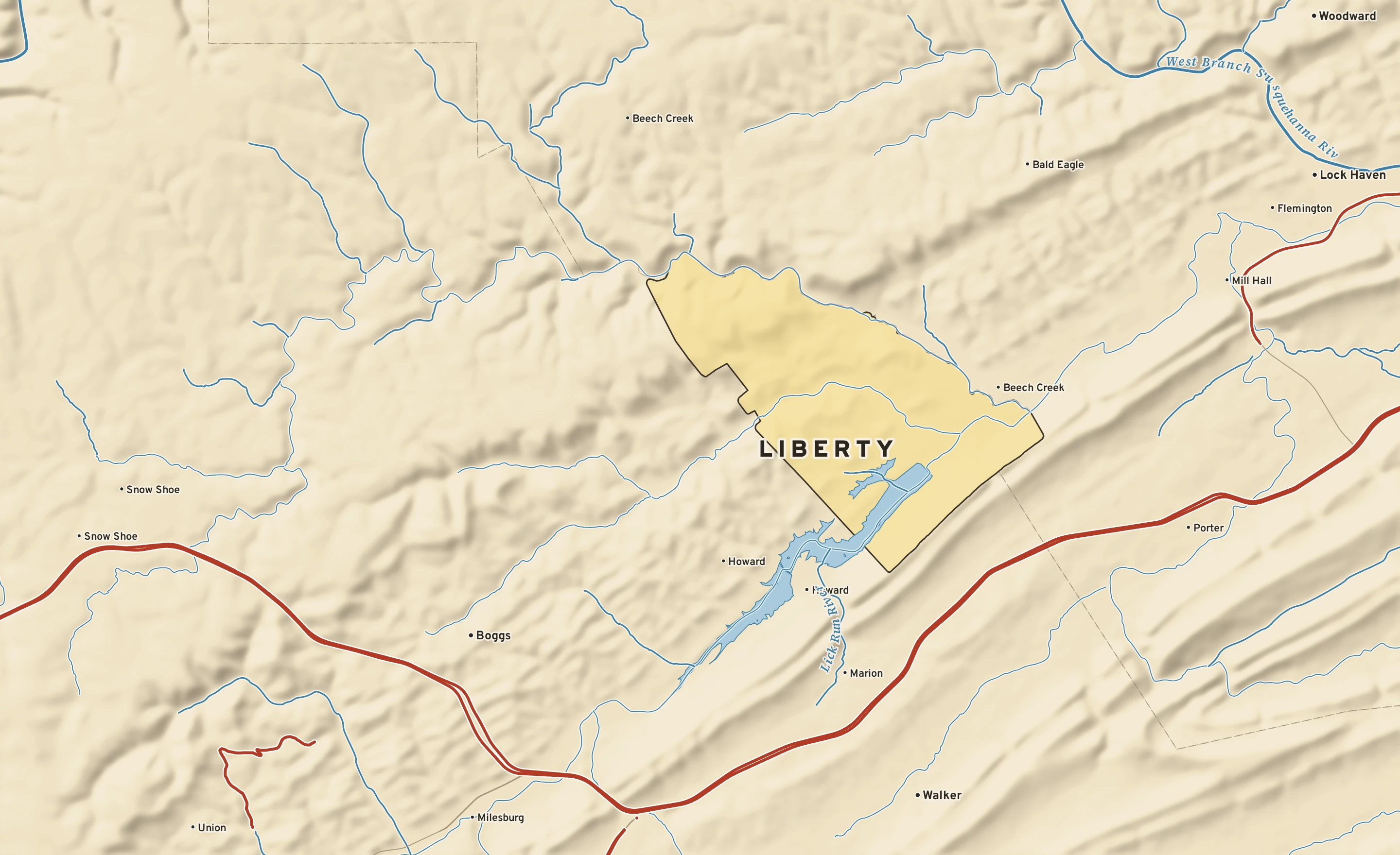 Shaded-relief atlas plate of Liberty, Pennsylvania: rivers, roads, the city limits and where the water drains.
