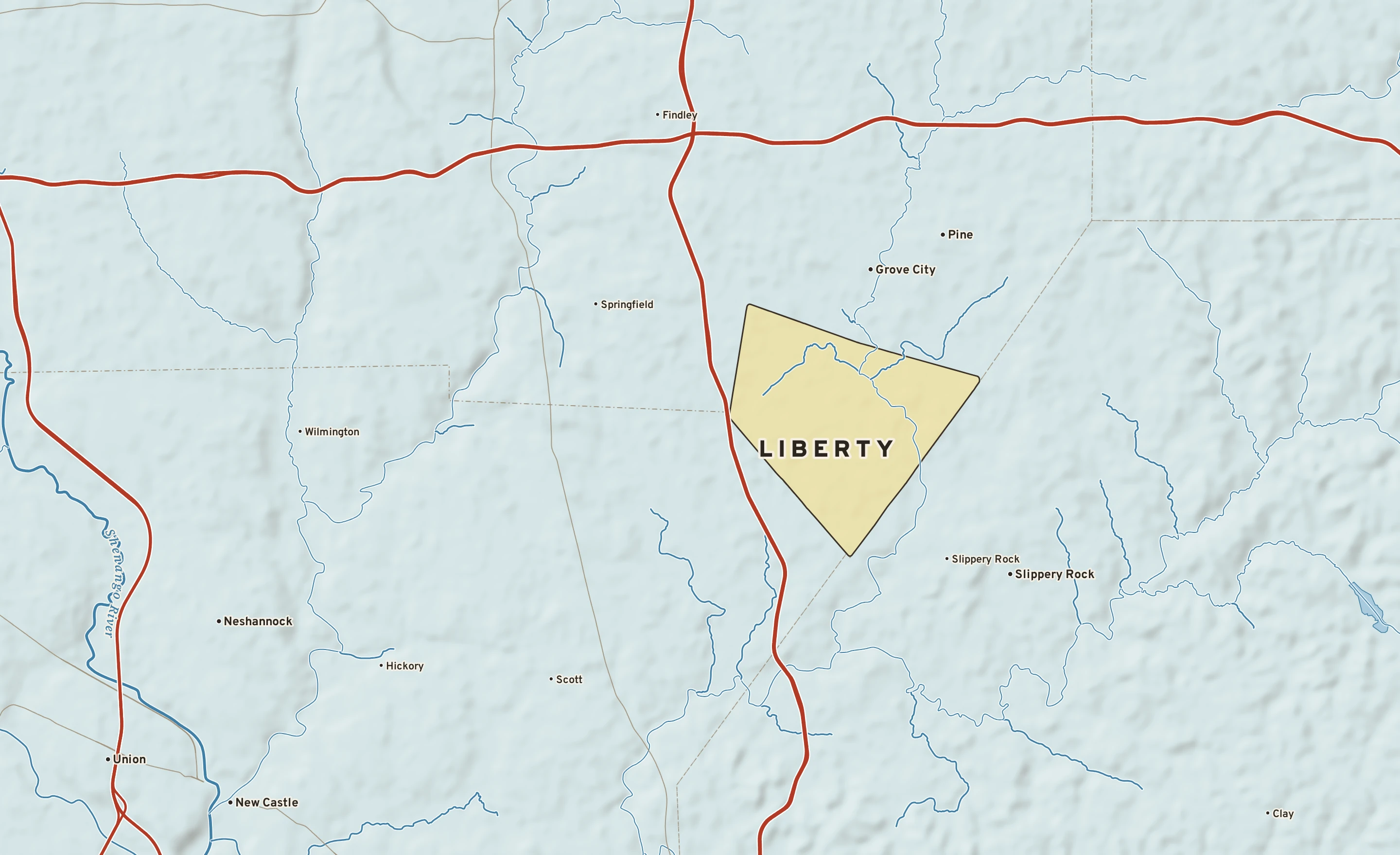 Shaded-relief atlas plate of Liberty, Pennsylvania: rivers, roads, the city limits and where the water drains.