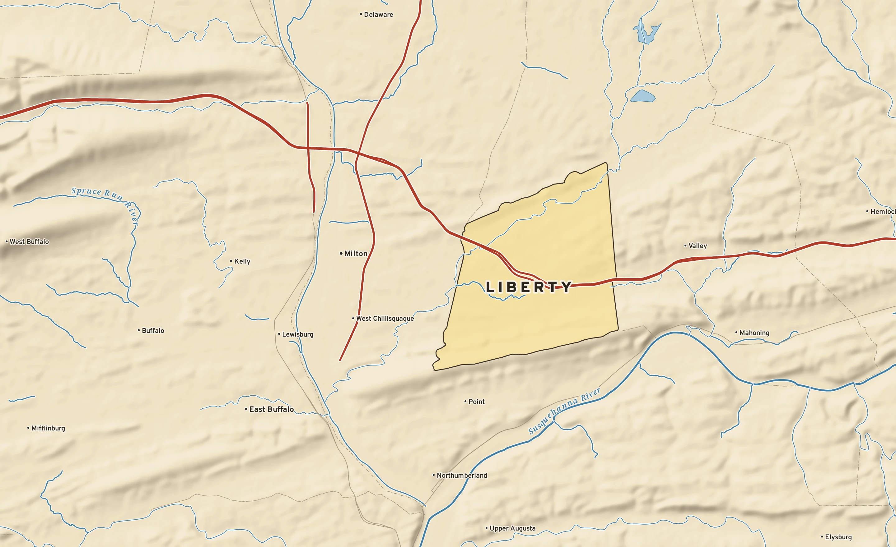 Shaded-relief atlas plate of Liberty, Pennsylvania: rivers, roads, the city limits and where the water drains.