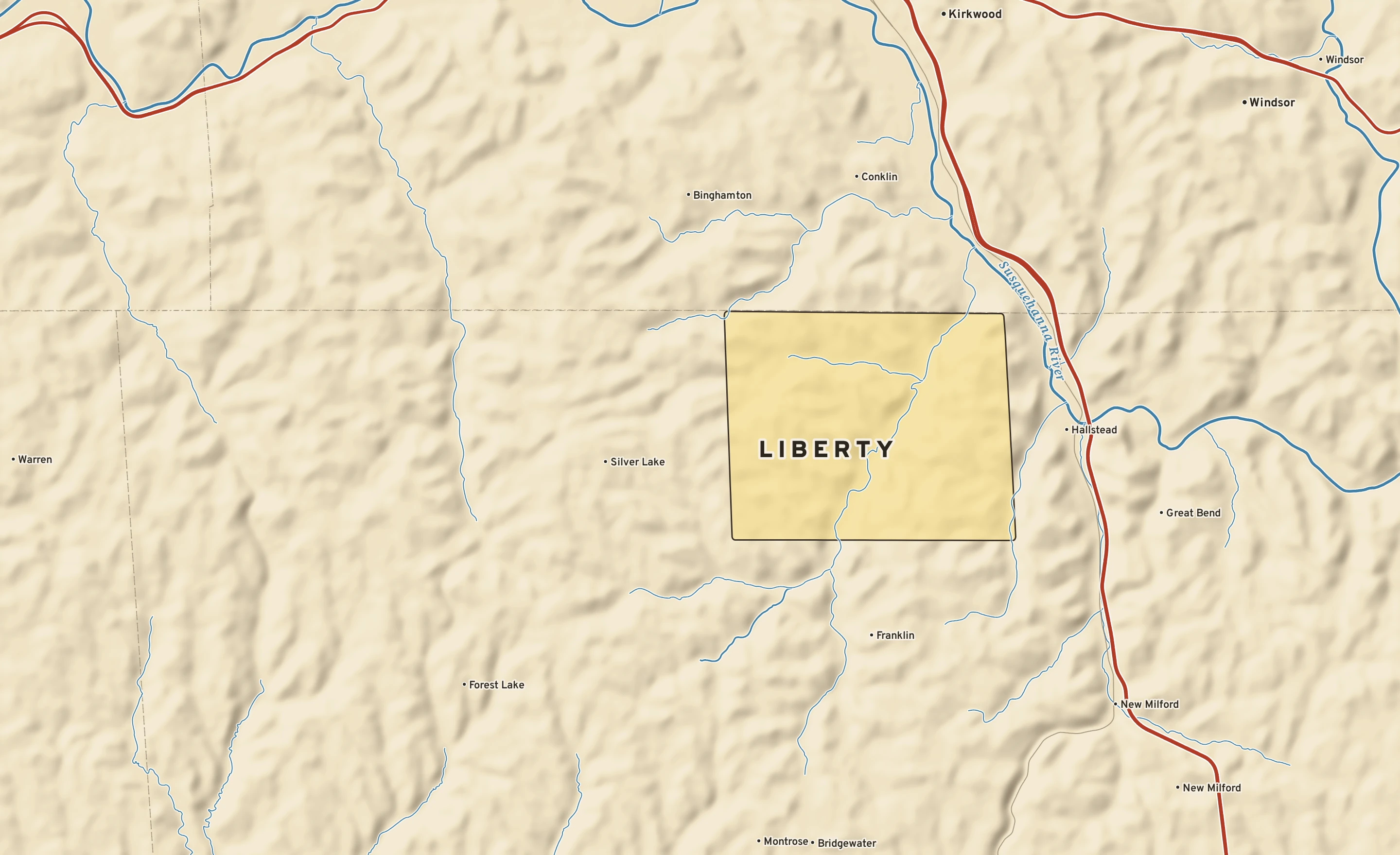 Shaded-relief atlas plate of Liberty, Pennsylvania: rivers, roads, the city limits and where the water drains.