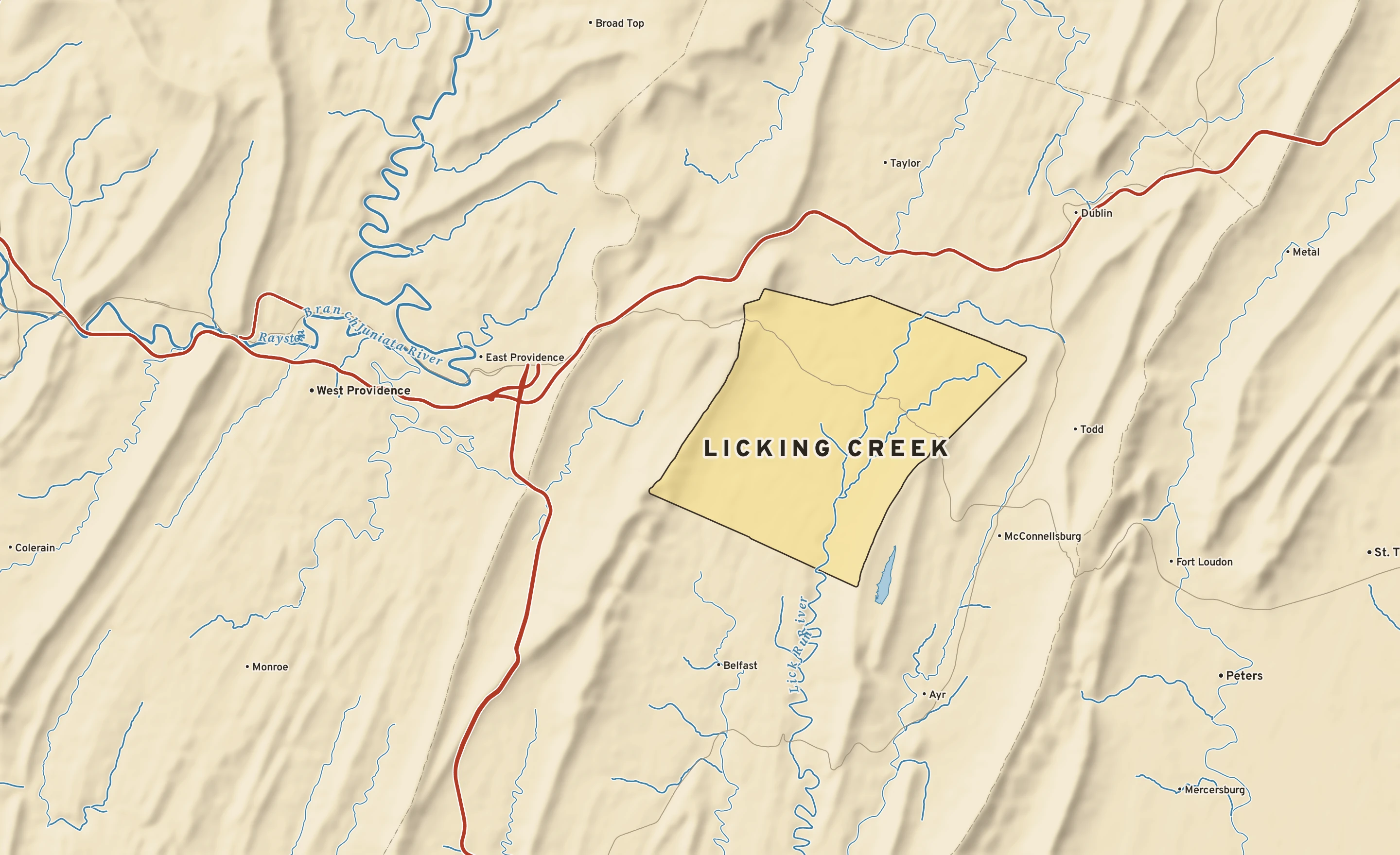 Shaded-relief atlas plate of Licking Creek, Pennsylvania: rivers, roads, the city limits and where the water drains.