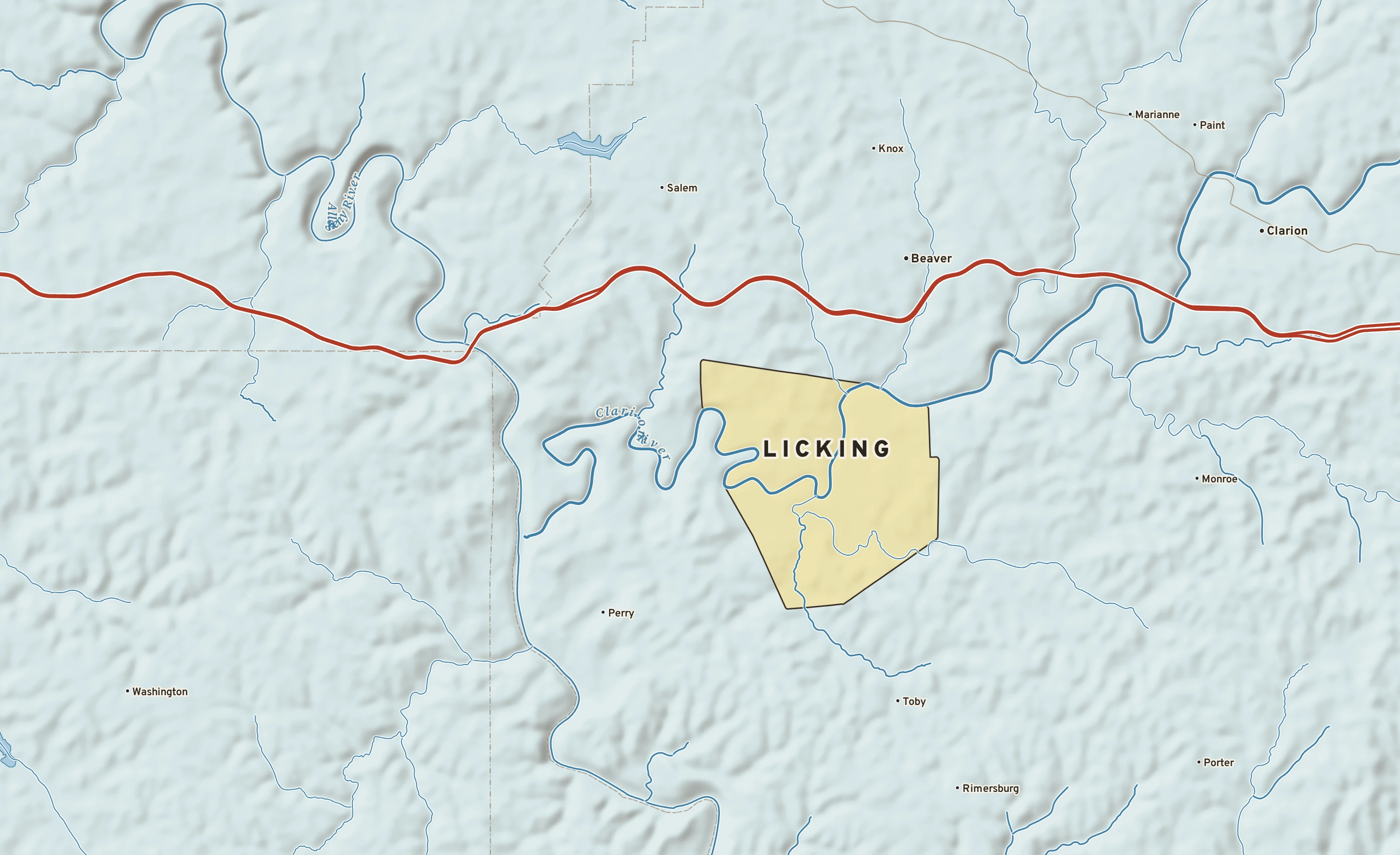 Shaded-relief atlas plate of Licking, Pennsylvania: rivers, roads, the city limits and where the water drains.