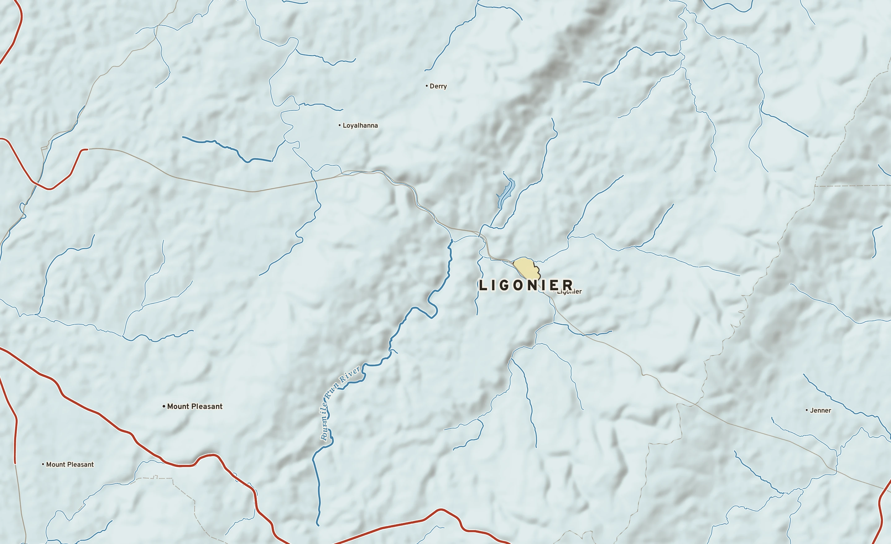Shaded-relief atlas plate of Ligonier, Pennsylvania: rivers, roads, the city limits and where the water drains.