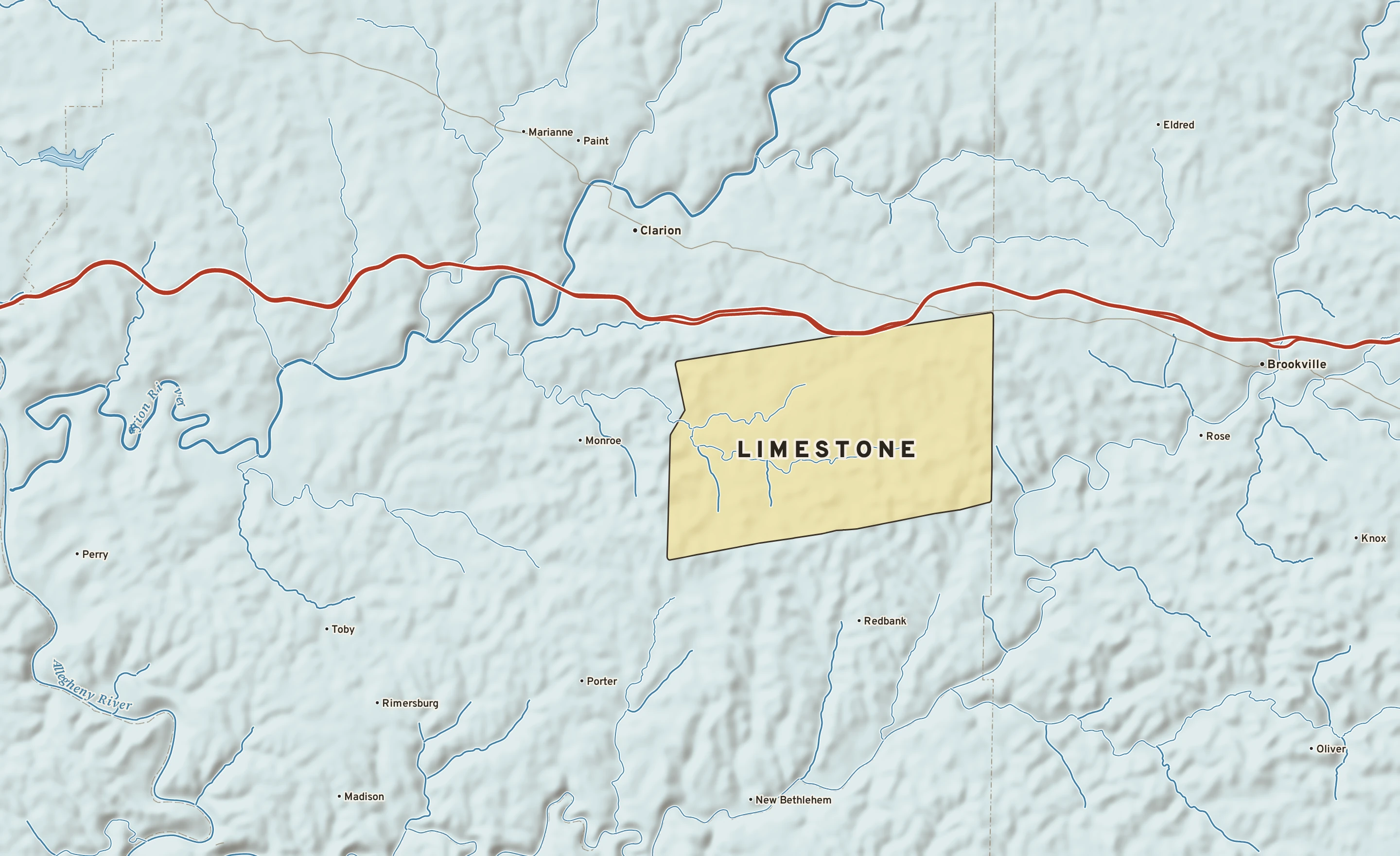 Shaded-relief atlas plate of Limestone, Pennsylvania: rivers, roads, the city limits and where the water drains.