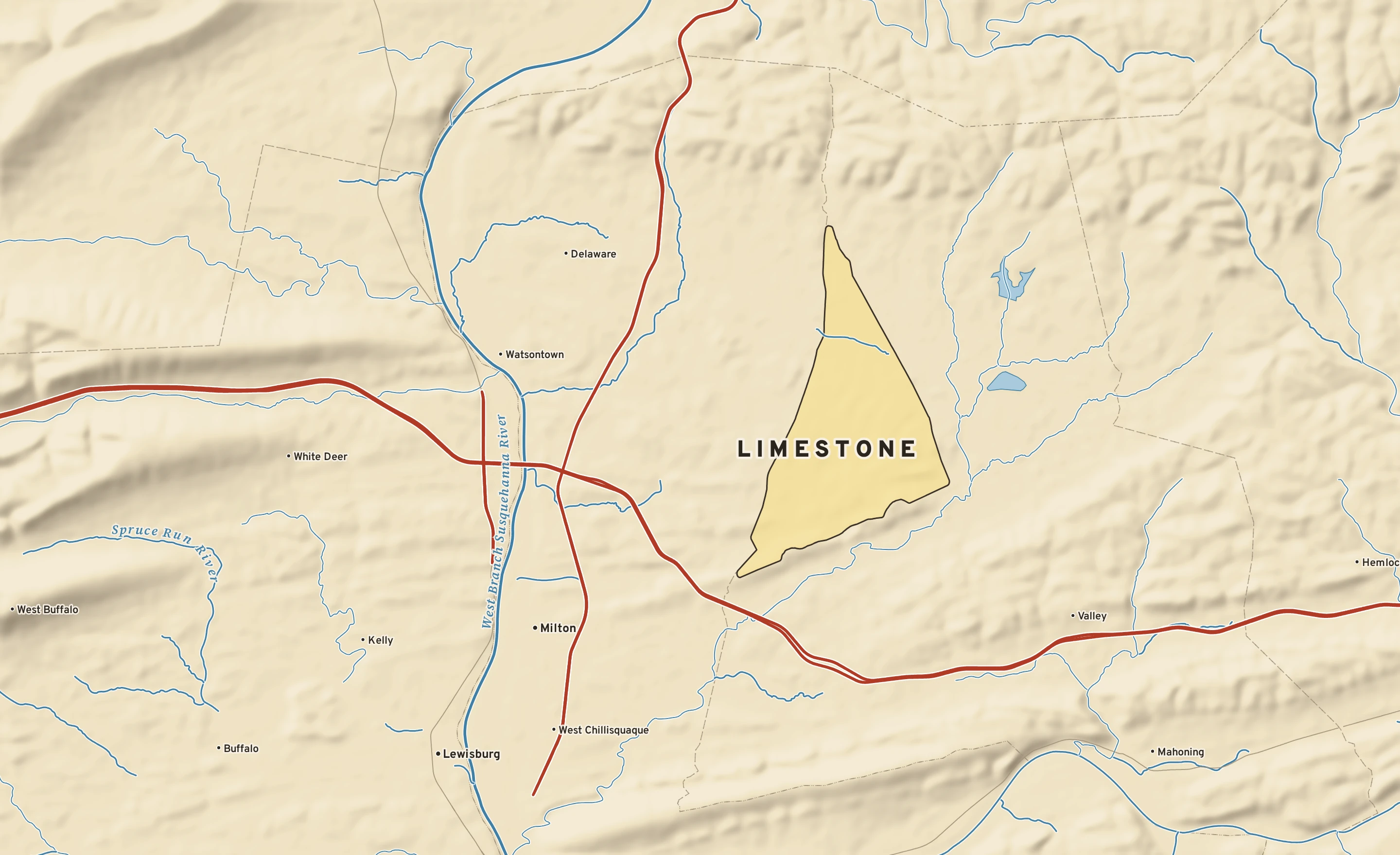 Shaded-relief atlas plate of Limestone, Pennsylvania: rivers, roads, the city limits and where the water drains.